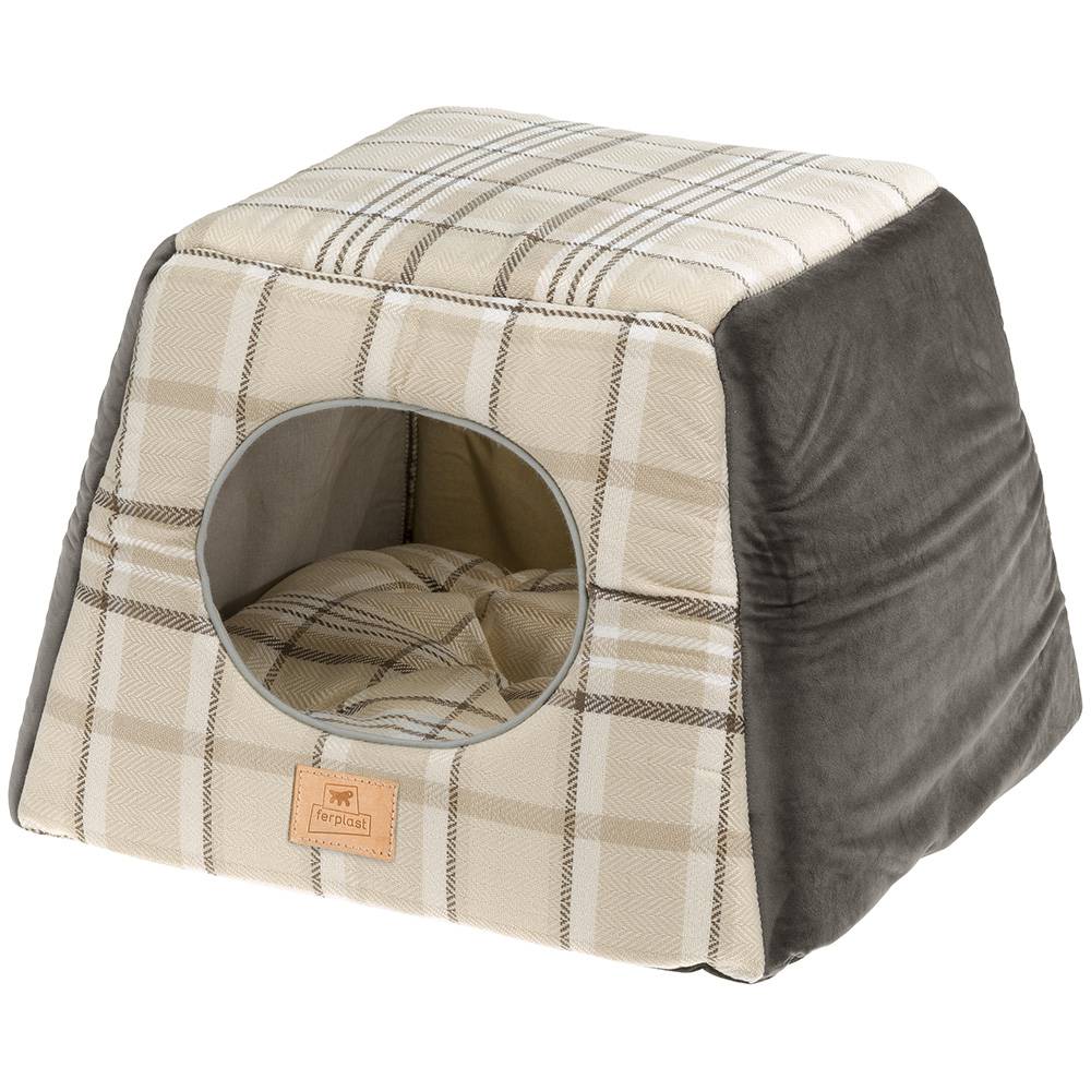 Ferplast - Ferplast, maisonnette pour  chats d'intérieur EDINBURGH, couchage avec coussin, lit pour chats, écossais, velours doux, lavable, 44x44x33, MARRON - Imagen 1