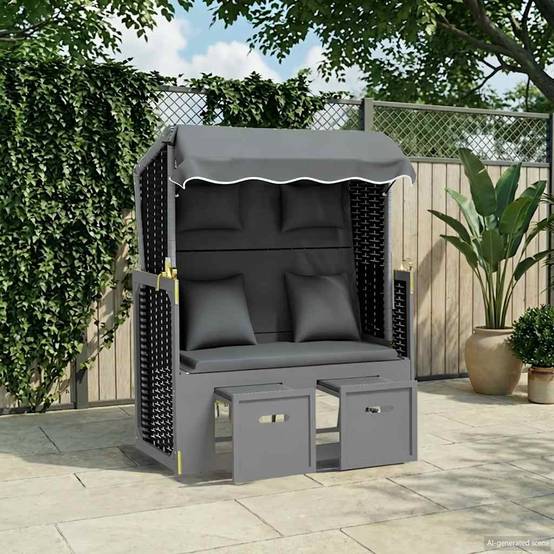 Strandkorb avec coussin poly rotin bois solide anthracite noir 115 x 55 x 133/151/156 cm - PANGIVO - Image 1