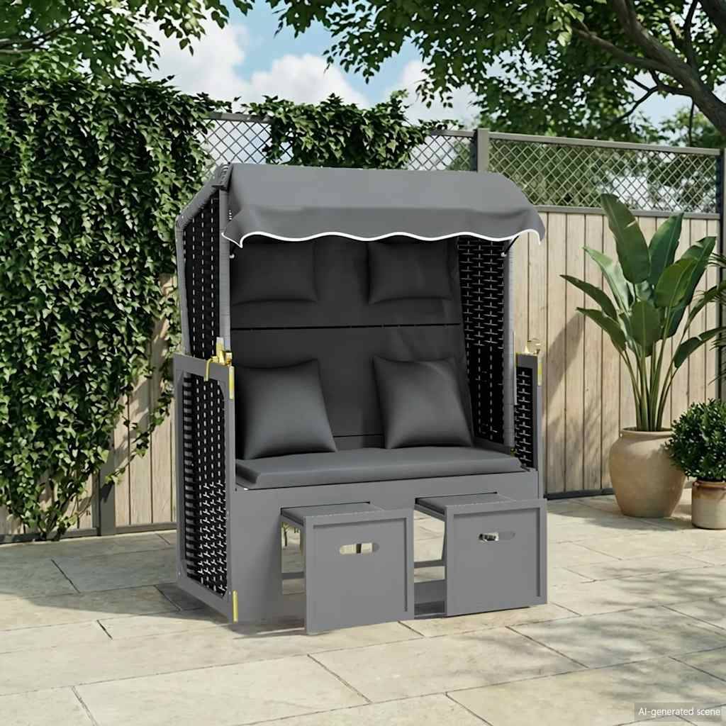 Strandkorb avec coussin poly rotin bois solide anthracite noir 115 x 55 x 133/151/156 cm - PANGIVO - Image 1