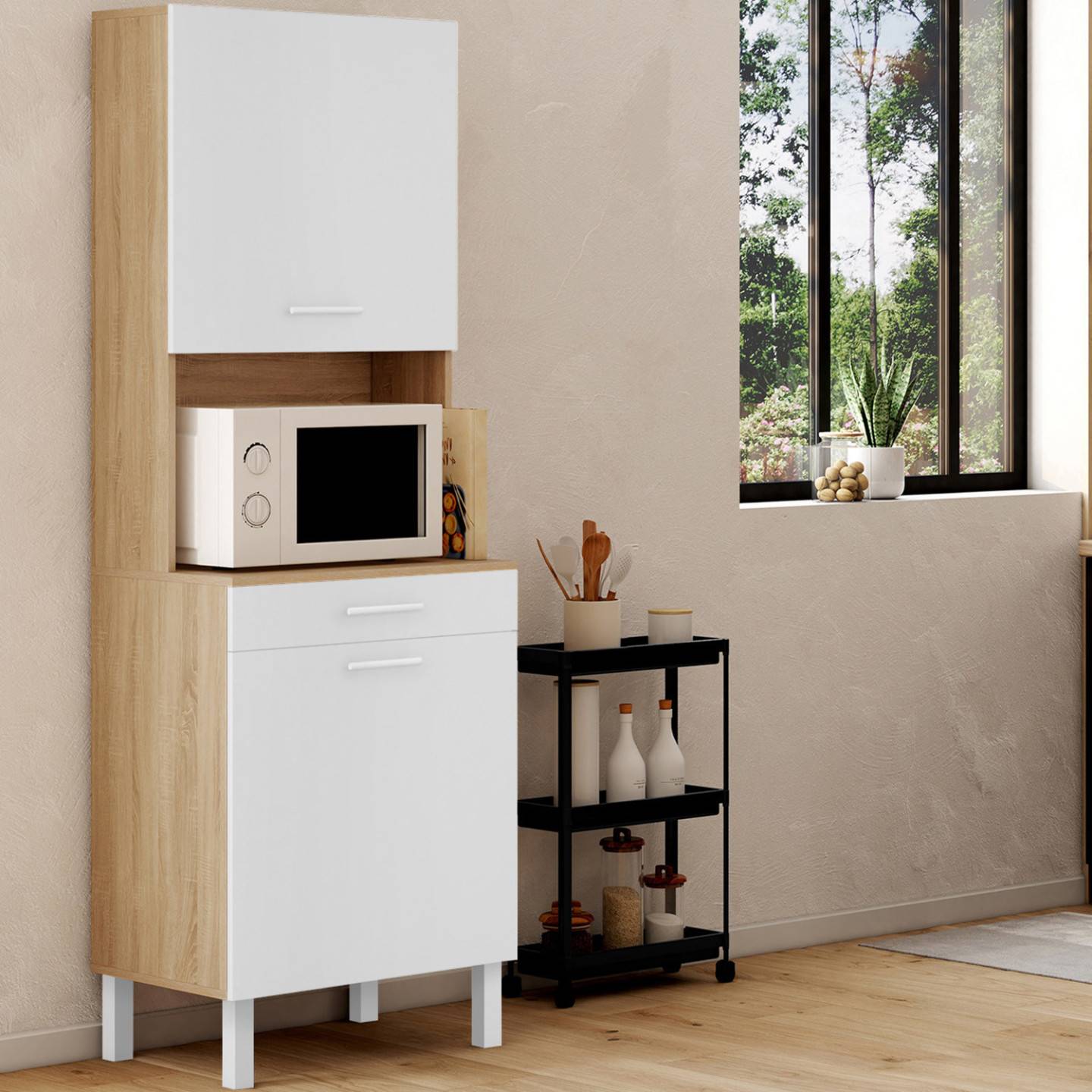 Buffet de cuisine 60 CM CINA 2 portes + tiroir façon hêtre et blanc - Image 1