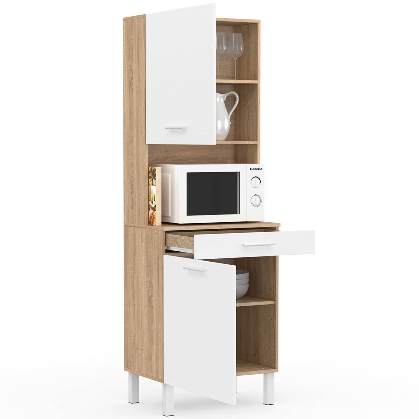 Buffet de cuisine 60 CM CINA 2 portes + tiroir façon hêtre et blanc - Image 2