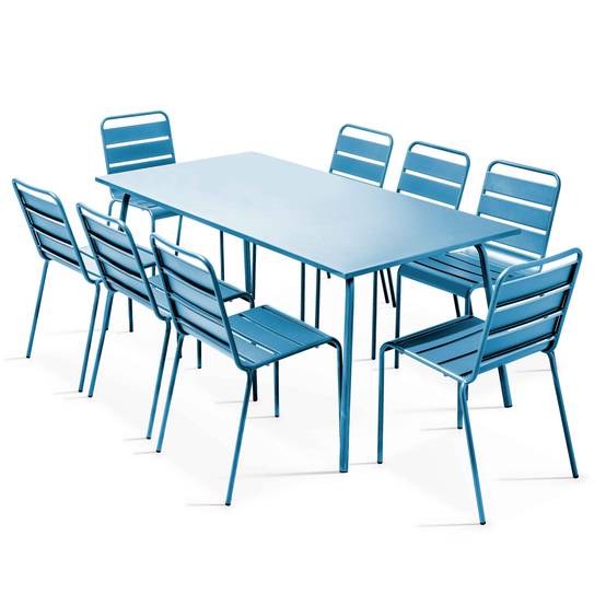 Oviala - Ensemble table de jardin et 8 chaises en métal bleu pacific Palavas - Oviala - Image 1