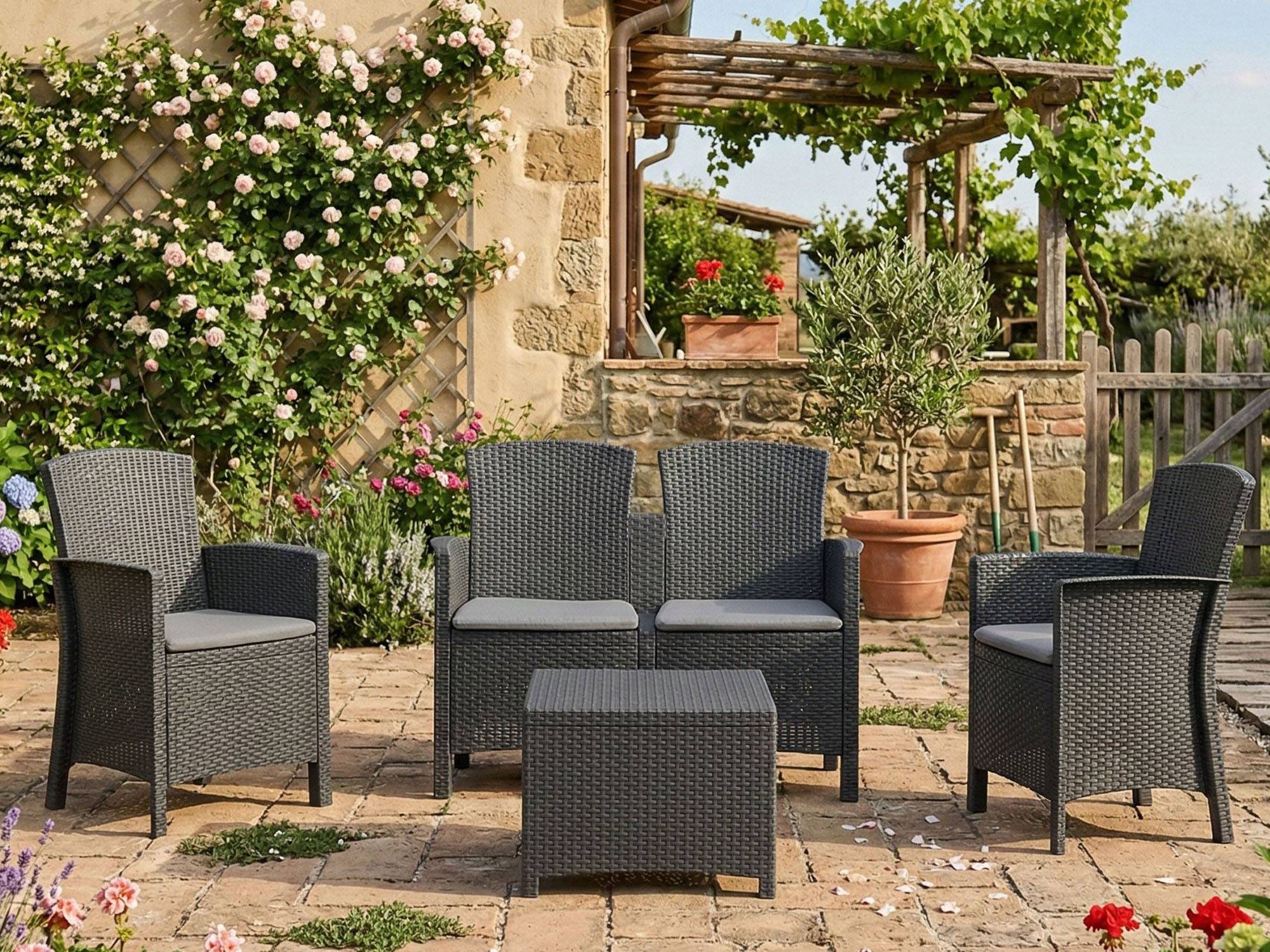 Dmora - Ensemble de salon d'extérieur Dmorat, Salon de jardin avec coussins, Salon d'intérieur effet rotin, 100% Made in Italy, Anthracite - Dmora - Imagen 7