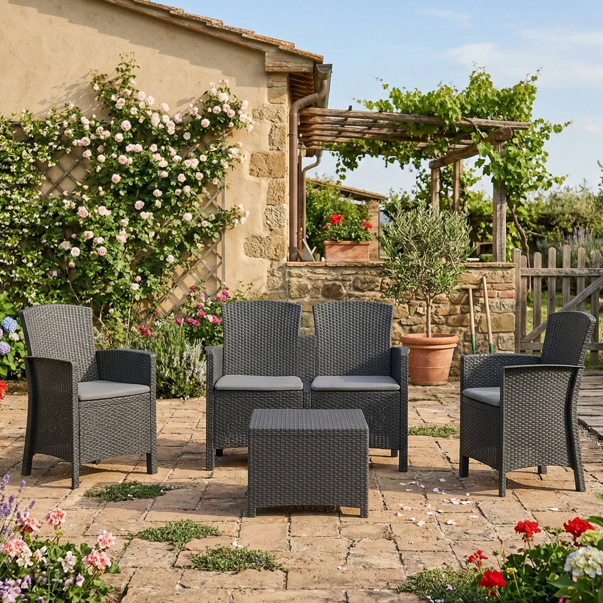 Dmora - Ensemble de salon d'extérieur Dmorat, Salon de jardin avec coussins, Salon d'intérieur effet rotin, 100% Made in Italy, Anthracite - Dmora - Imagen 2