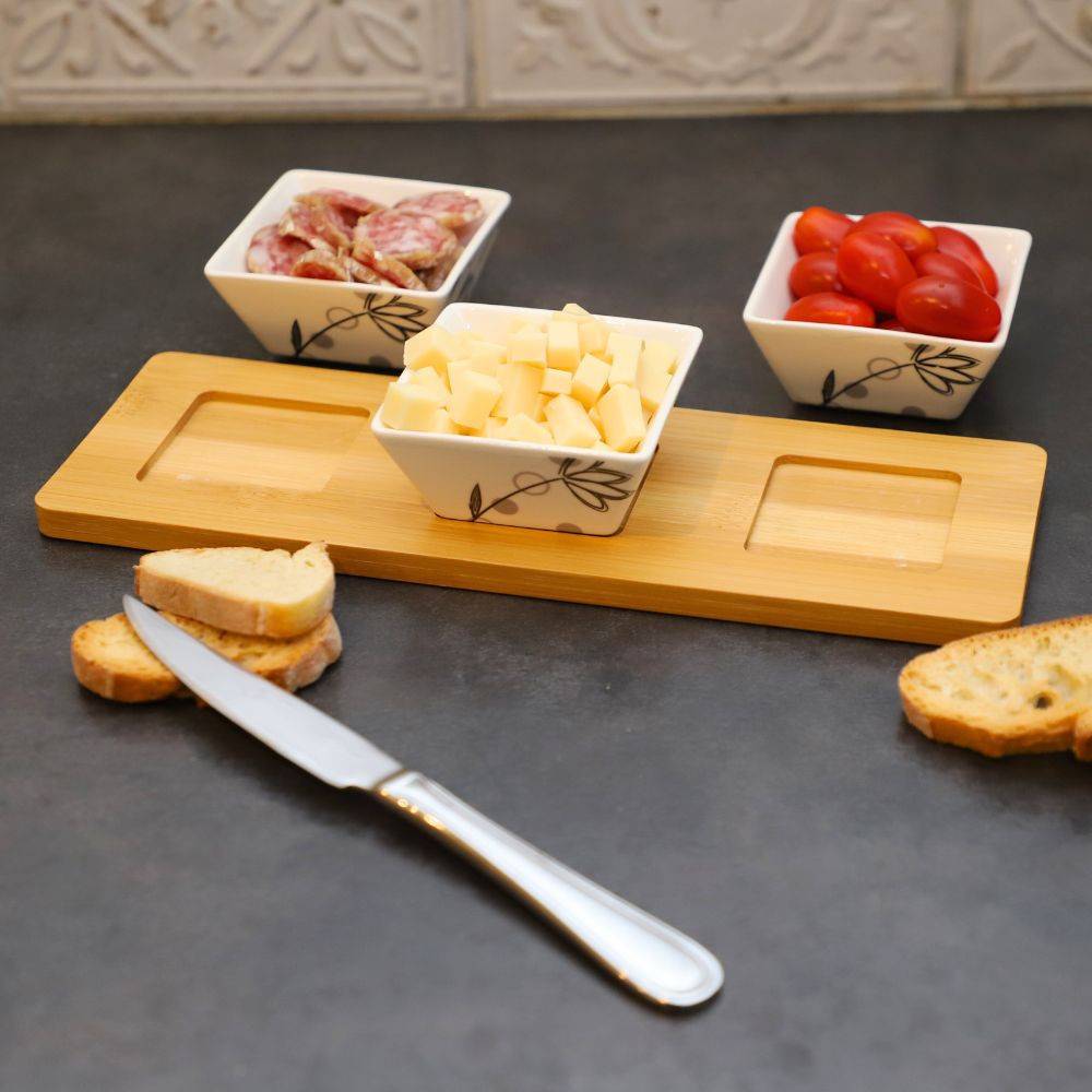 ~ Set apéritif tapas 3 verrines en bambou et céramique blanc et marron 36.5 x 10 cm Chemin de campagne - Imagen 4