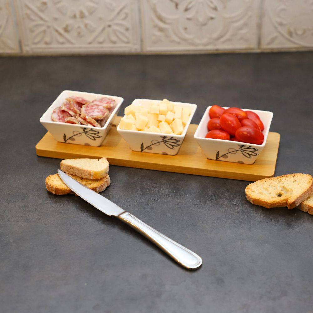 ~ Set apéritif tapas 3 verrines en bambou et céramique blanc et marron 36.5 x 10 cm Chemin de campagne - Imagen 3