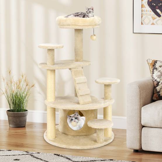 Arbre à Chat Multi-Niveaux avec Condo Perchoir Rembourré Poteaux à Gratter Boule en Peluche - Image 2