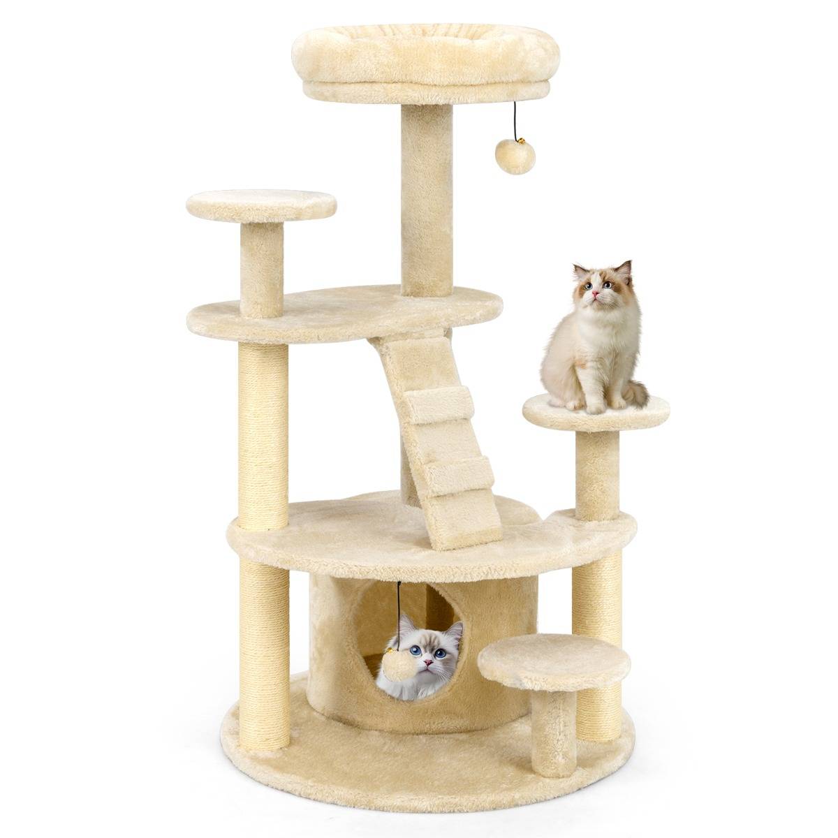 Arbre à Chat Multi-Niveaux avec Condo Perchoir Rembourré Poteaux à Gratter Boule en Peluche - Image 1