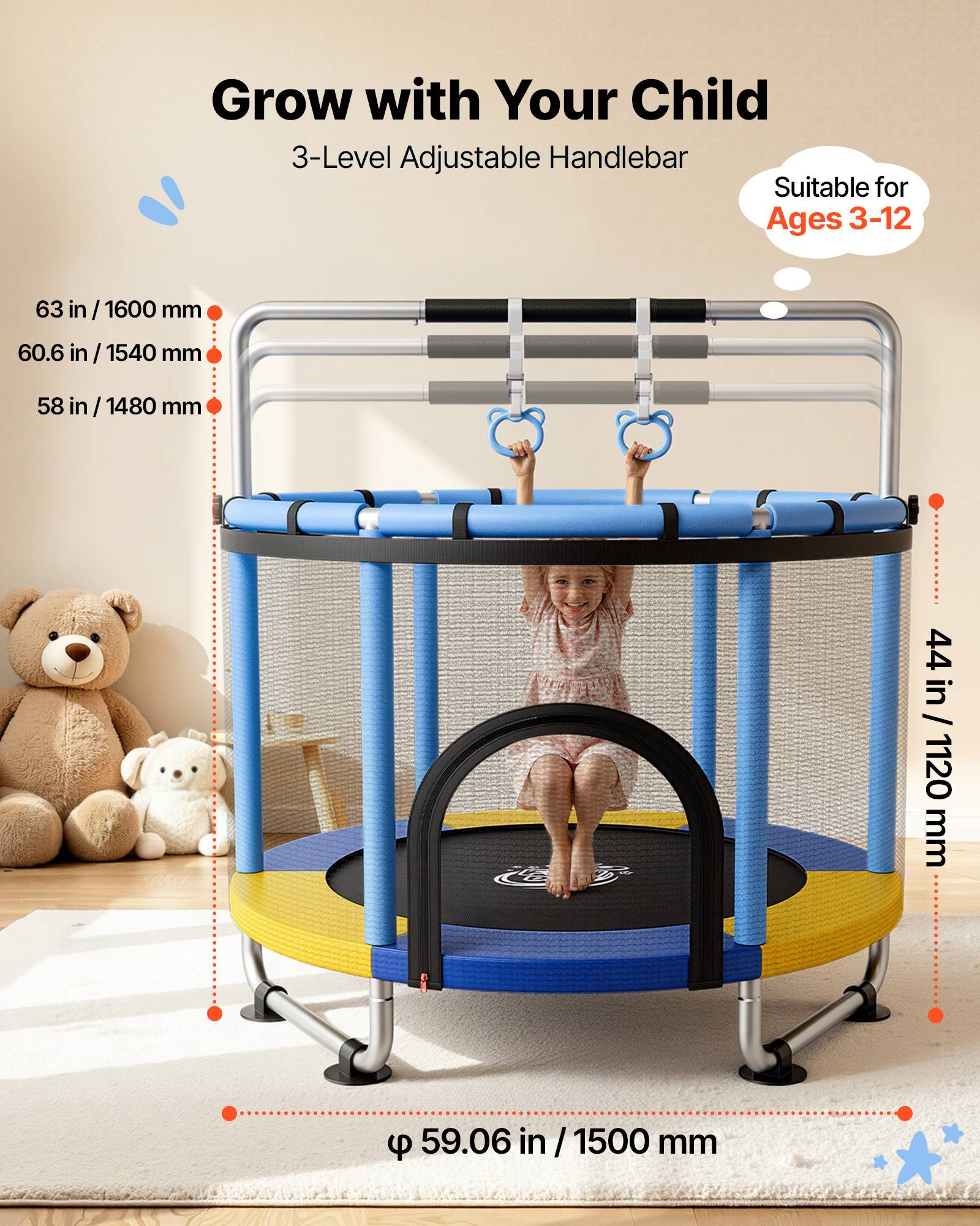 Vevor - VEVOR Trampoline enfant 150 cm, charge 60 kg, filet de sécurité, barre réglable, accessoires de jeu inclus - Image 7