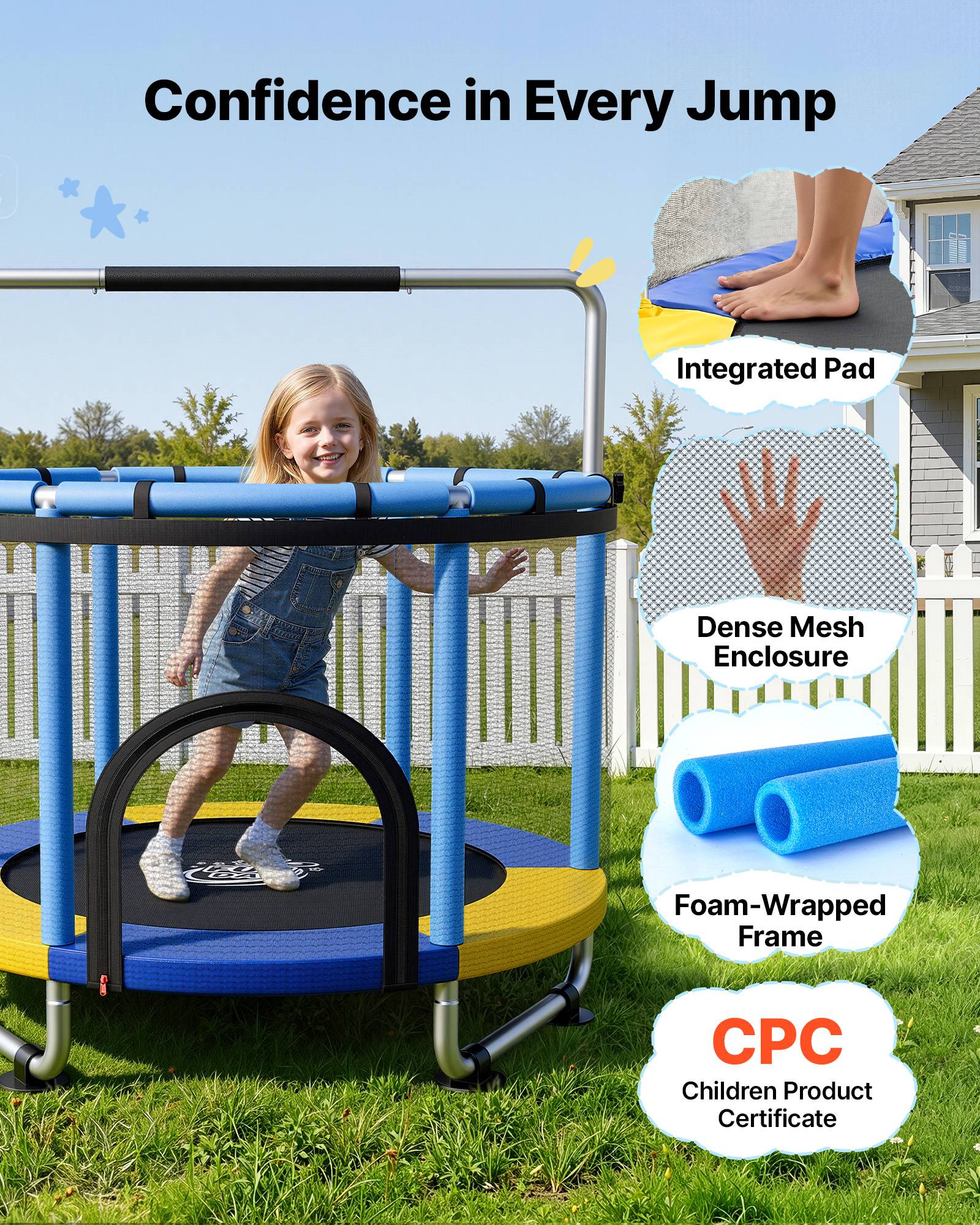 Vevor - VEVOR Trampoline enfant 150 cm, charge 60 kg, filet de sécurité, barre réglable, accessoires de jeu inclus - Image 4
