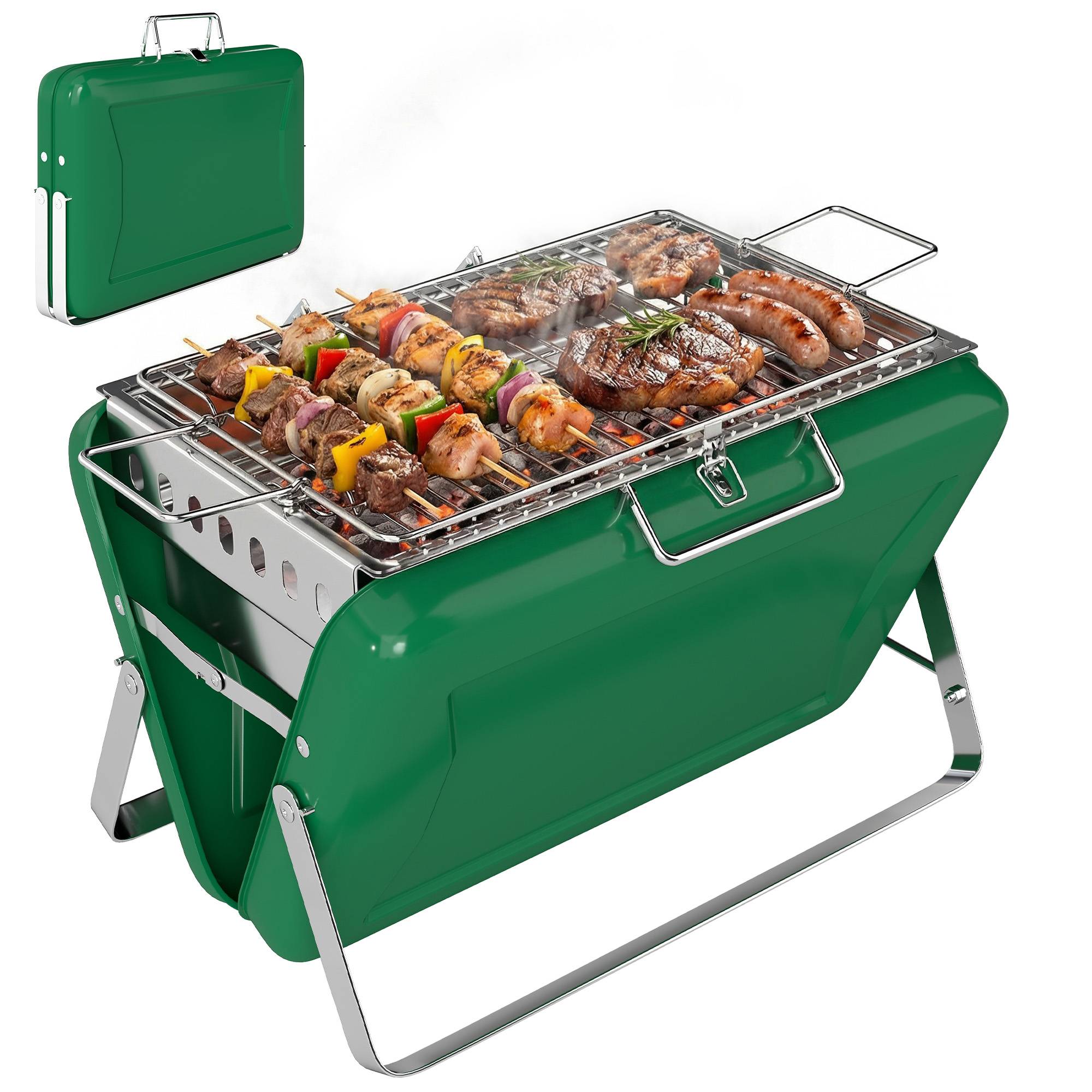 Barbecue au charbon bois pliable, barbecue portable, poignée et pieds repliables, pour jardin, terrasse, camping, vert - Image 1