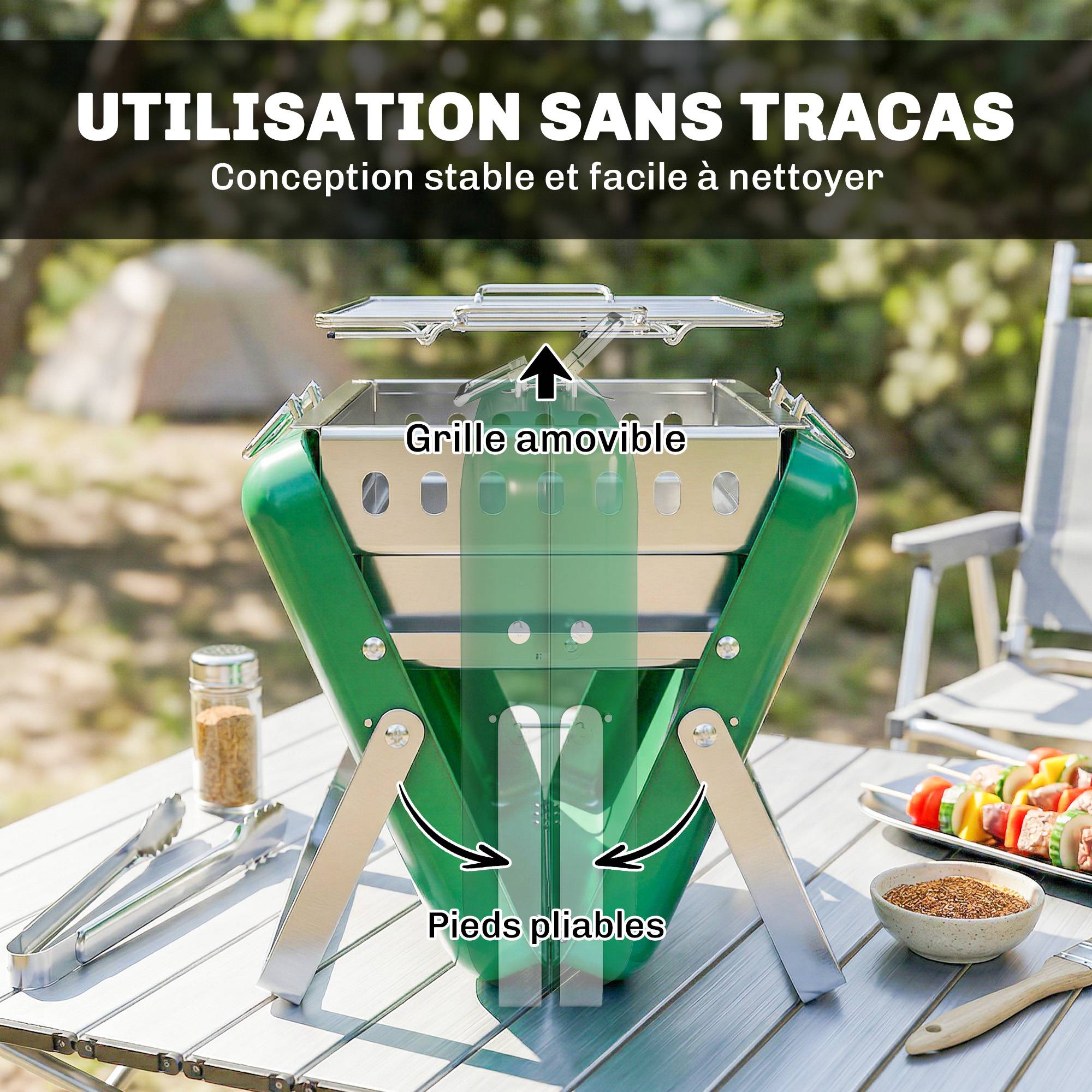 Barbecue au charbon bois pliable, barbecue portable, poignée et pieds repliables, pour jardin, terrasse, camping, vert - Image 10