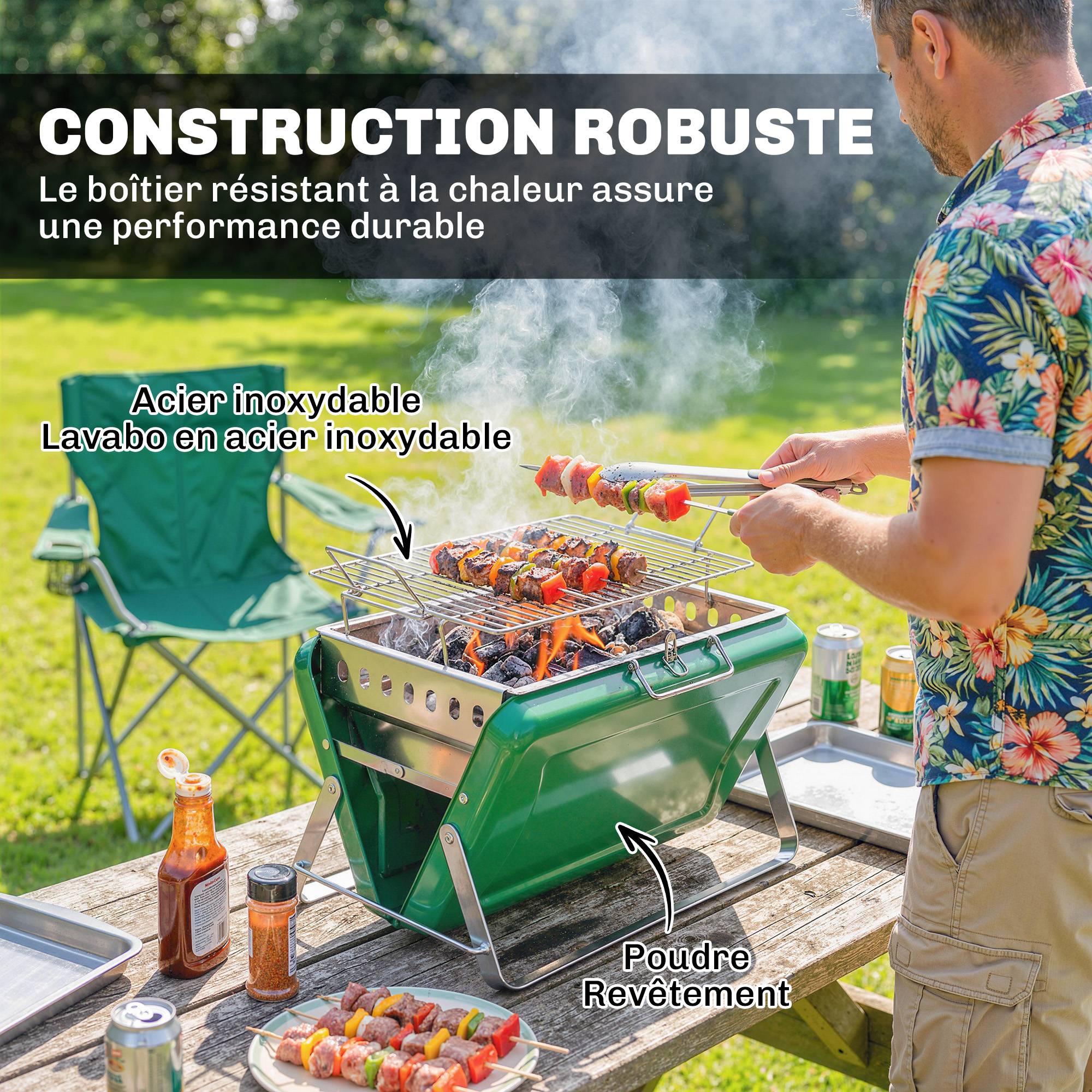 Barbecue au charbon bois pliable, barbecue portable, poignée et pieds repliables, pour jardin, terrasse, camping, vert - Image 9
