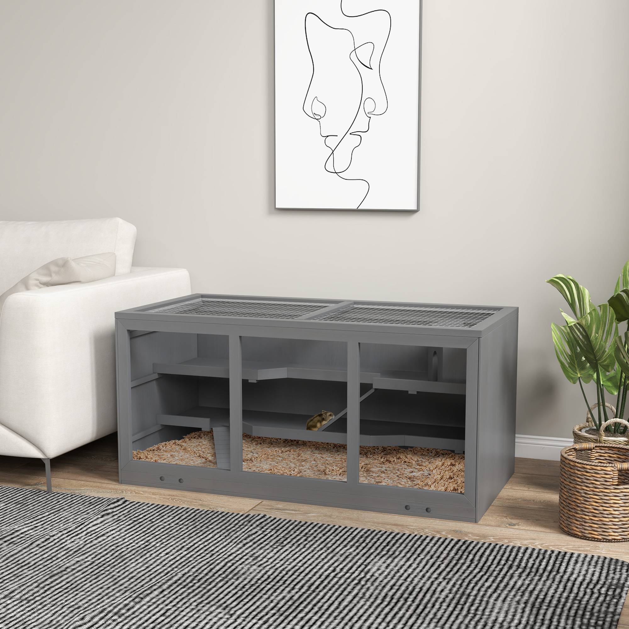 Cage pour rongeurs bois gris 115 x 57 x 55 cm - PANGIVO - Image 4