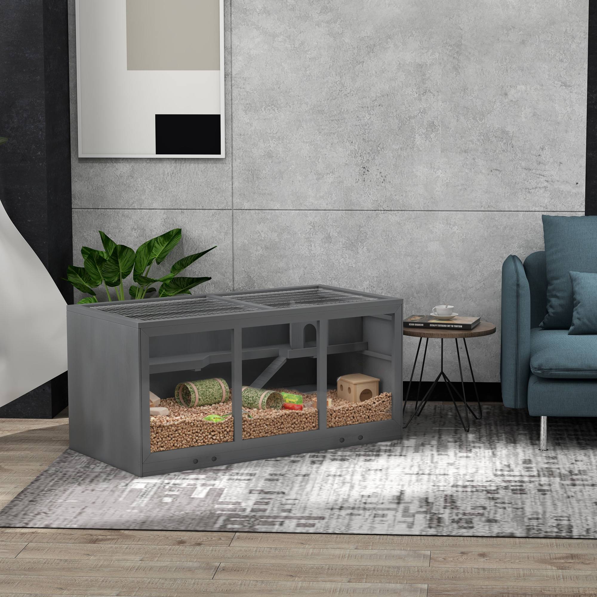 Cage pour rongeurs bois gris 115 x 57 x 55 cm - PANGIVO - Image 3
