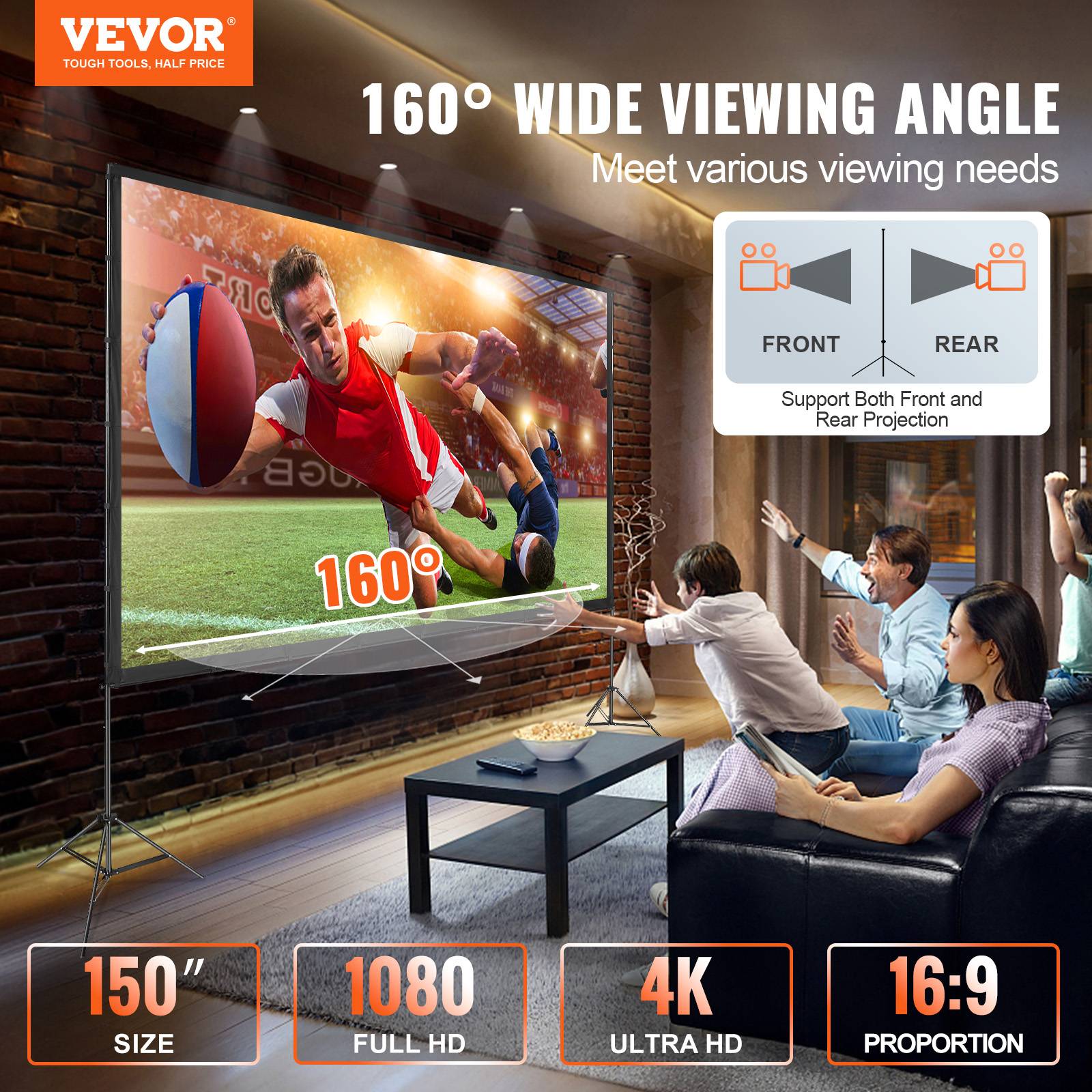Vevor - VEVOR Écran projection sur pied portable 150 pouces 16:9 HD, double face anti-plis, sac. - Image 2