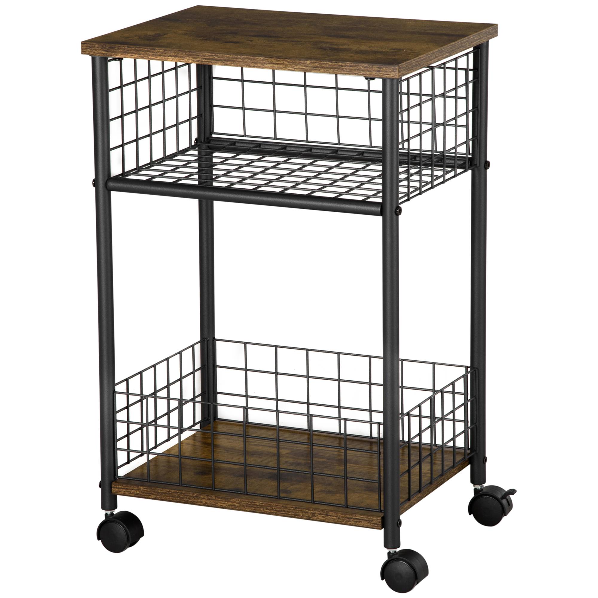 Sans Marque - Chariot cuisine style industriel 1 étagère 1 panier rangement 4 roues 40x30x62 cm acier noir marron - Image 2