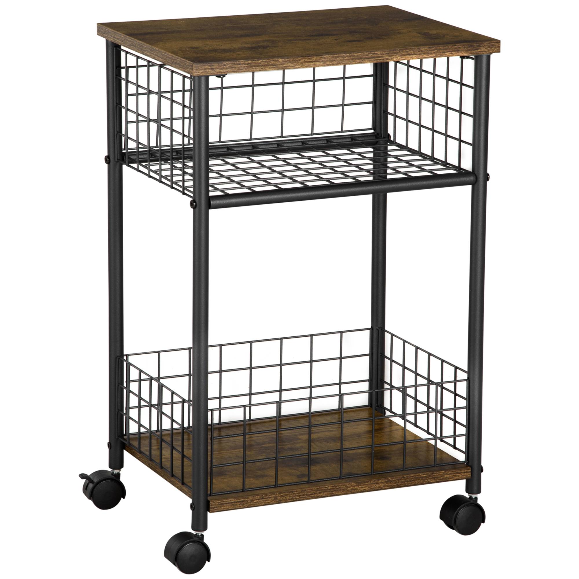 Sans Marque - Chariot cuisine style industriel 1 étagère 1 panier rangement 4 roues 40x30x62 cm acier noir marron - Image 1