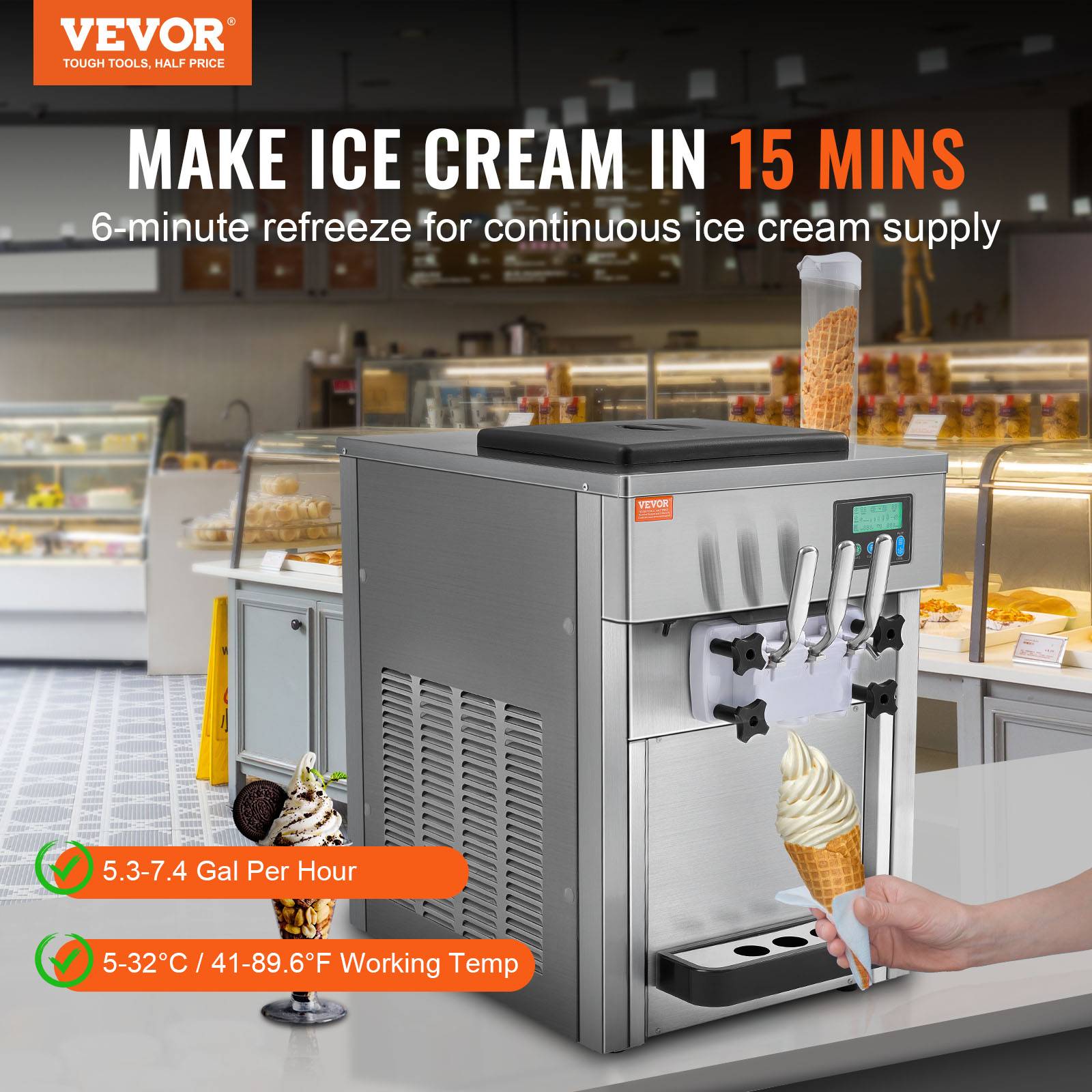 VEVOR Machine à crème glacée 20 L/h 1800W, 3 saveurs, trémie 2x4L, pré-refroidissement, auto-nettoyage. - Image 2