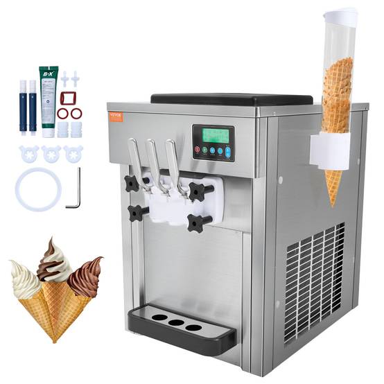 VEVOR Machine à crème glacée 20 L/h 1800W, 3 saveurs, trémie 2x4L, pré-refroidissement, auto-nettoyage. - Image 1