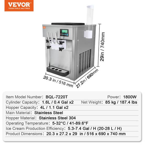 VEVOR Machine à crème glacée 20 L/h 1800W, 3 saveurs, trémie 2x4L, pré-refroidissement, auto-nettoyage. - Image 7