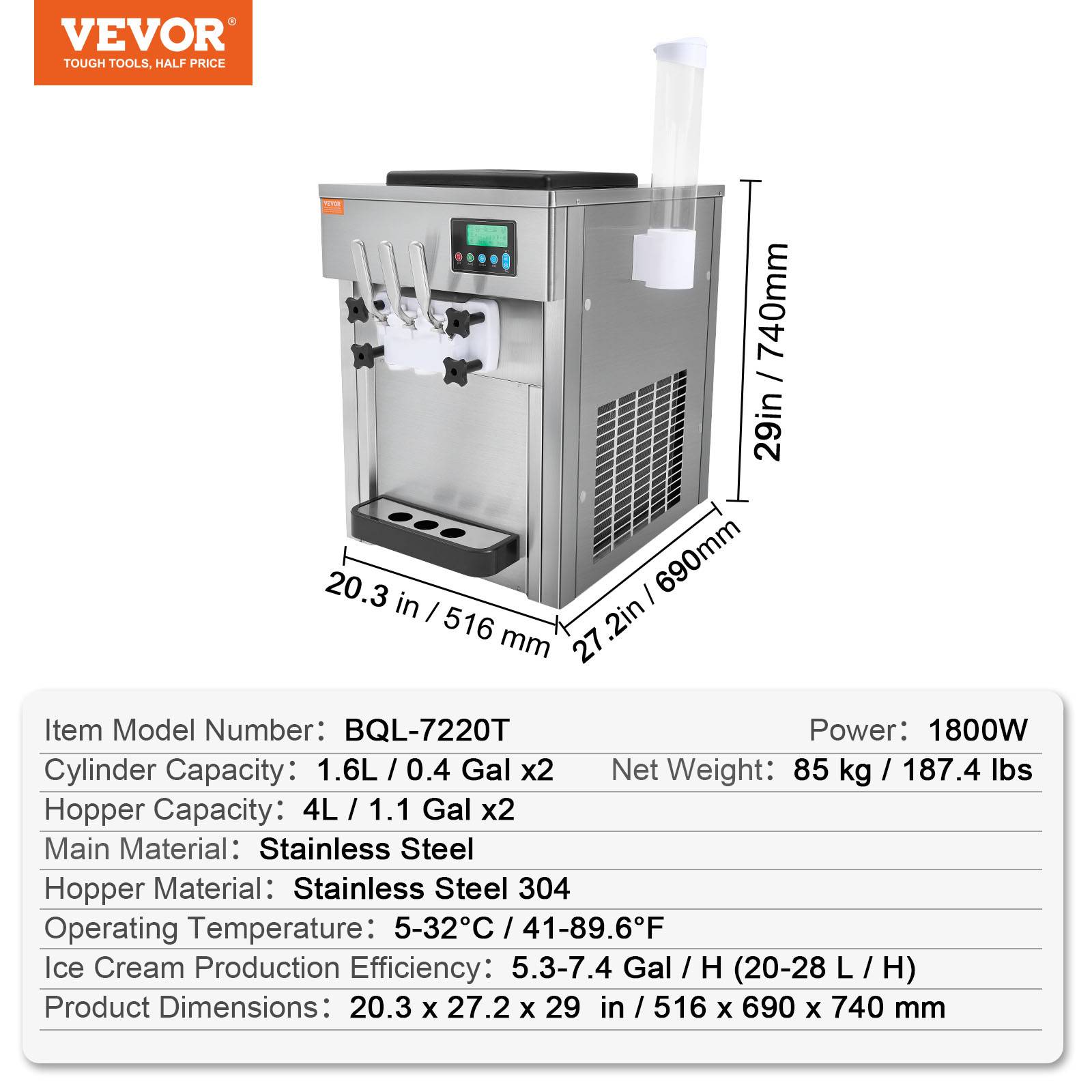 VEVOR Machine à crème glacée 20 L/h 1800W, 3 saveurs, trémie 2x4L, pré-refroidissement, auto-nettoyage. - Image 7