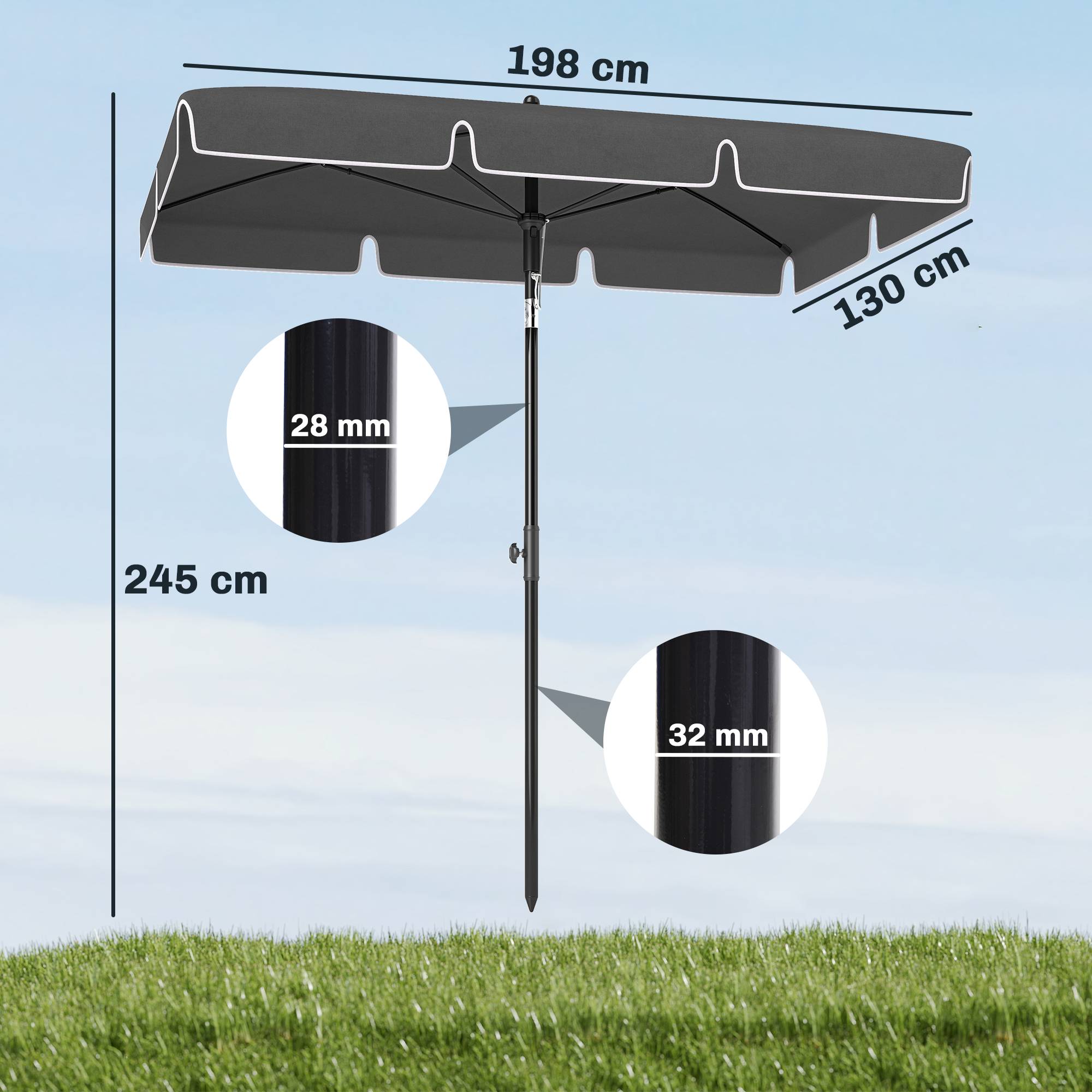 PANGIVO - Parasol droit rectangulaire inclinable en aluminium métal et polyester gris 198 x 130 x 235 cm - PANGIVO - Image 5