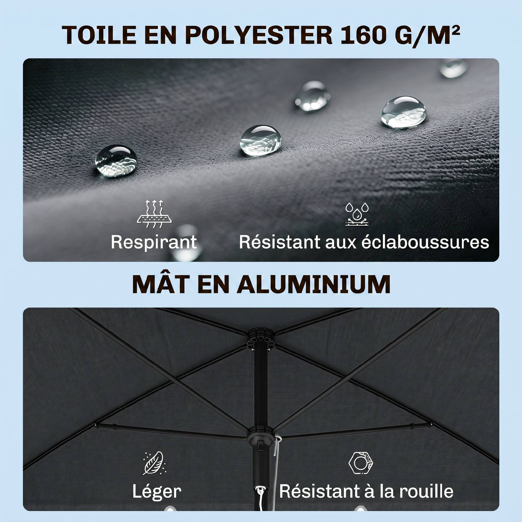 PANGIVO - Parasol droit rectangulaire inclinable en aluminium métal et polyester gris 198 x 130 x 235 cm - PANGIVO - Image 6