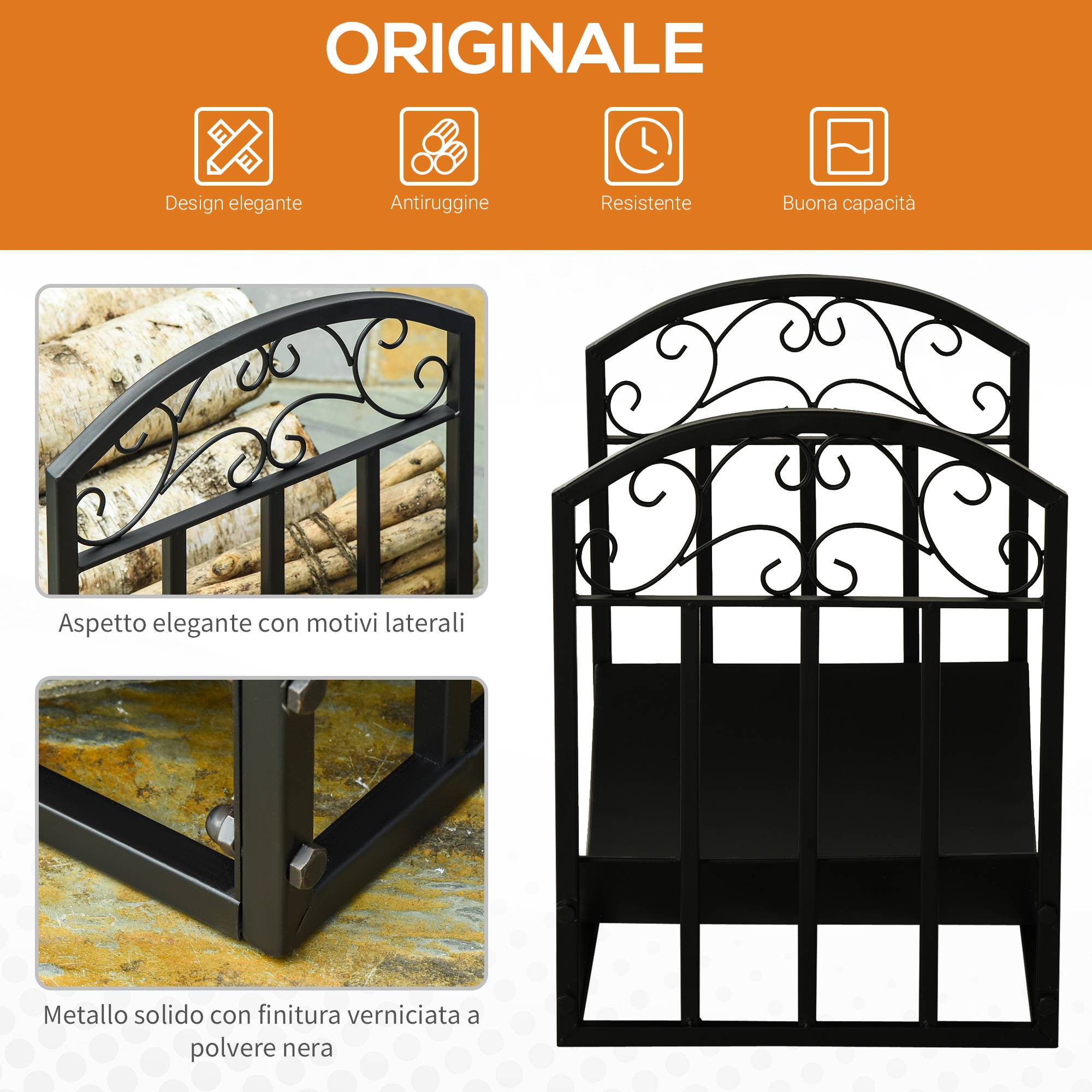 ComfortXL - Porte-bûches en métal noir 60,5 x 36 x 46,5 cm pour cheminée et terrasse support incurvé ventilé charge 60 kg - Image 4
