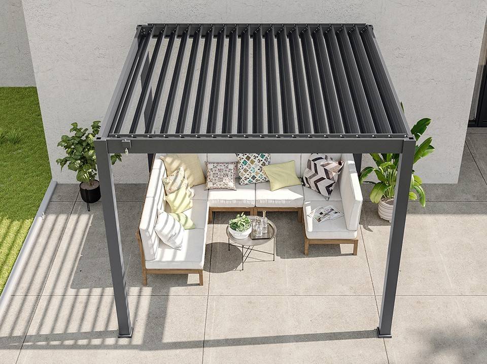 Pergola Bioclimatique Aluminium Autoportée 9m² - 3x3 m Deux Stores 3m Inclus - 19 Lames Aluminium Inclinables a 90 degrés - AURORA - Imagen 4