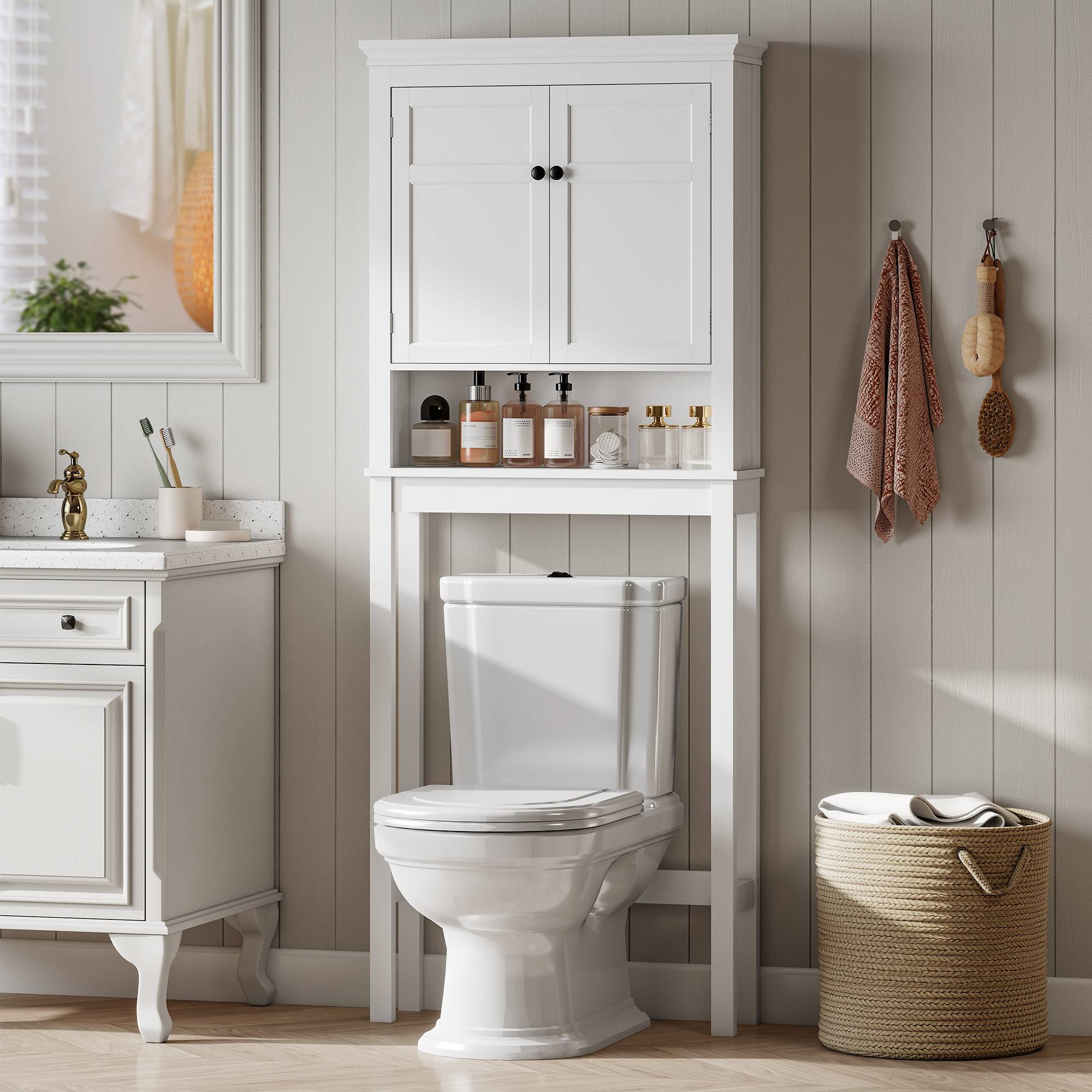 Sans Marque - Meuble salle bain suspendre dessus toilettes 2 portes compartiment étagère réglable 70x20x175 cm blanc - Image 3