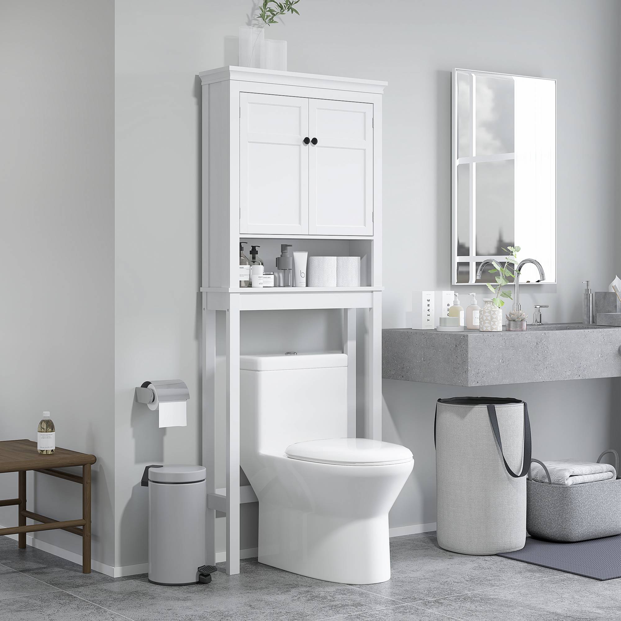 Sans Marque - Meuble salle bain suspendre dessus toilettes 2 portes compartiment étagère réglable 70x20x175 cm blanc - Image 4