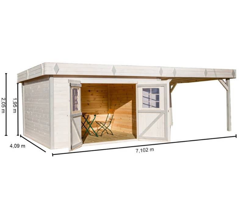 Habrita - Abri Madriers bois massif avec terrasse couverte toit plat avec bac acier montage possible de la porte sur les 4 côtés / 28 mm / surf ext : 29,04 m2 - Imagen 3