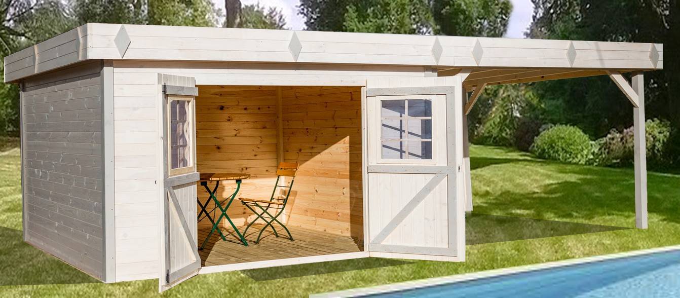 Habrita - Abri Madriers bois massif avec terrasse couverte toit plat avec bac acier montage possible de la porte sur les 4 côtés / 28 mm / surf ext : 29,04 m2 - Imagen 2