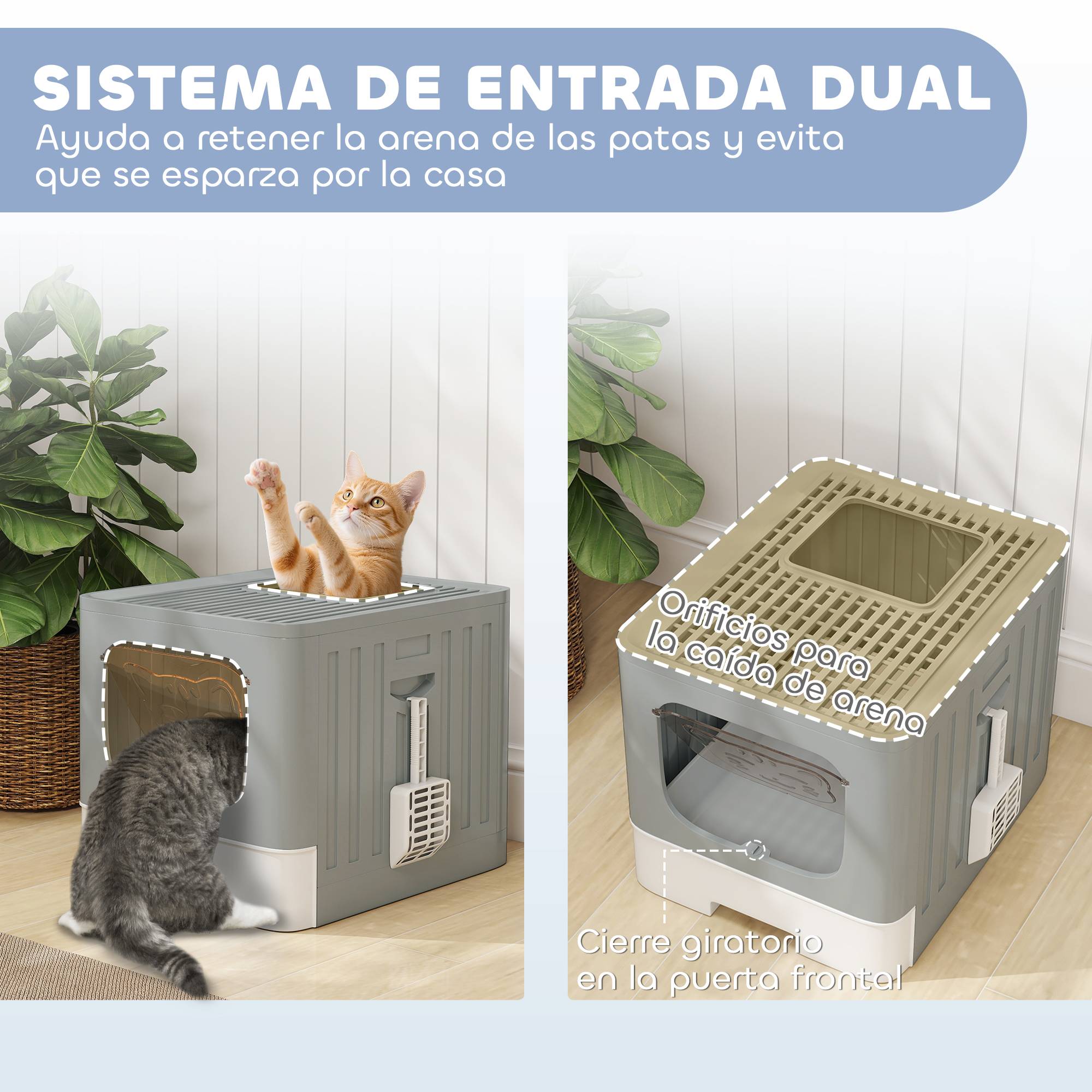 Litière chat pliable M couvercle grillagé bac extraible pelle crochet antifuite gris - Image 9