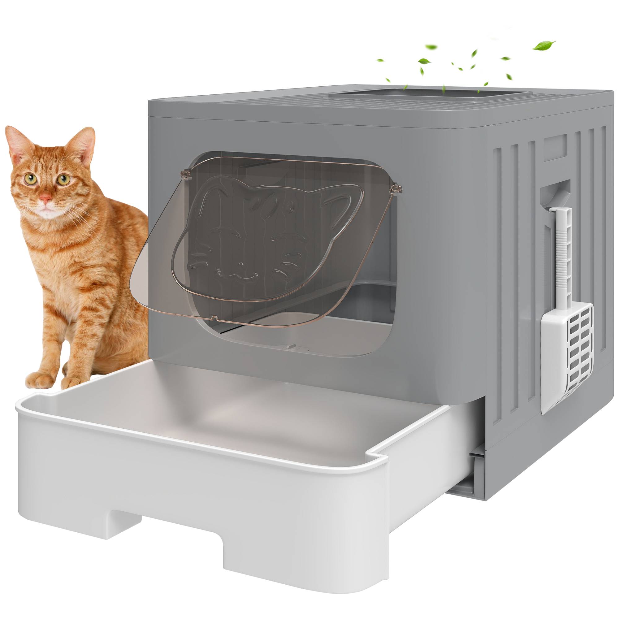 Litière chat pliable M couvercle grillagé bac extraible pelle crochet antifuite gris - Image 1