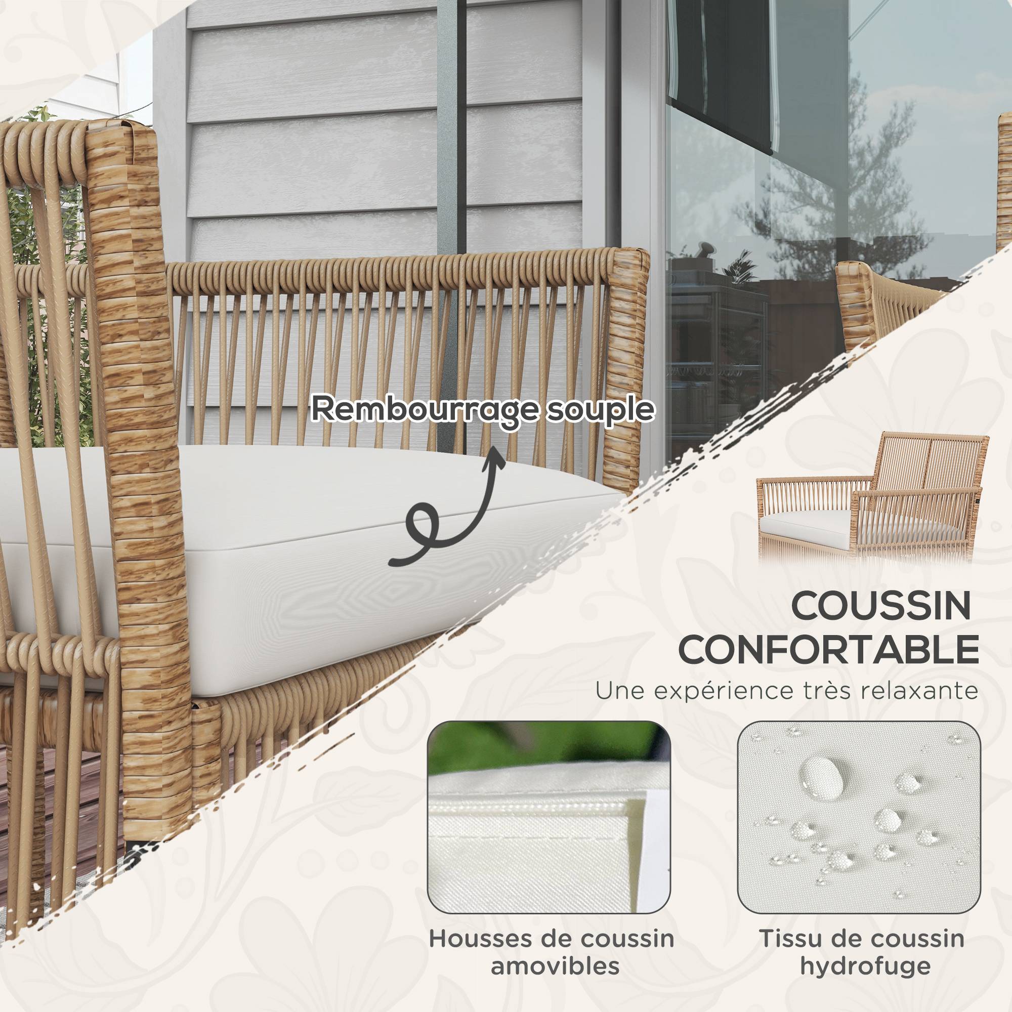 ComfortXL - Salon de jardin 4 places résine effet corde terrasse ensemble complet naturel - ComfortXL Outdoor Living - Image 6