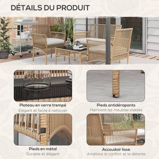 ComfortXL - Salon de jardin 4 places résine effet corde terrasse ensemble complet naturel - ComfortXL Outdoor Living - Image 8