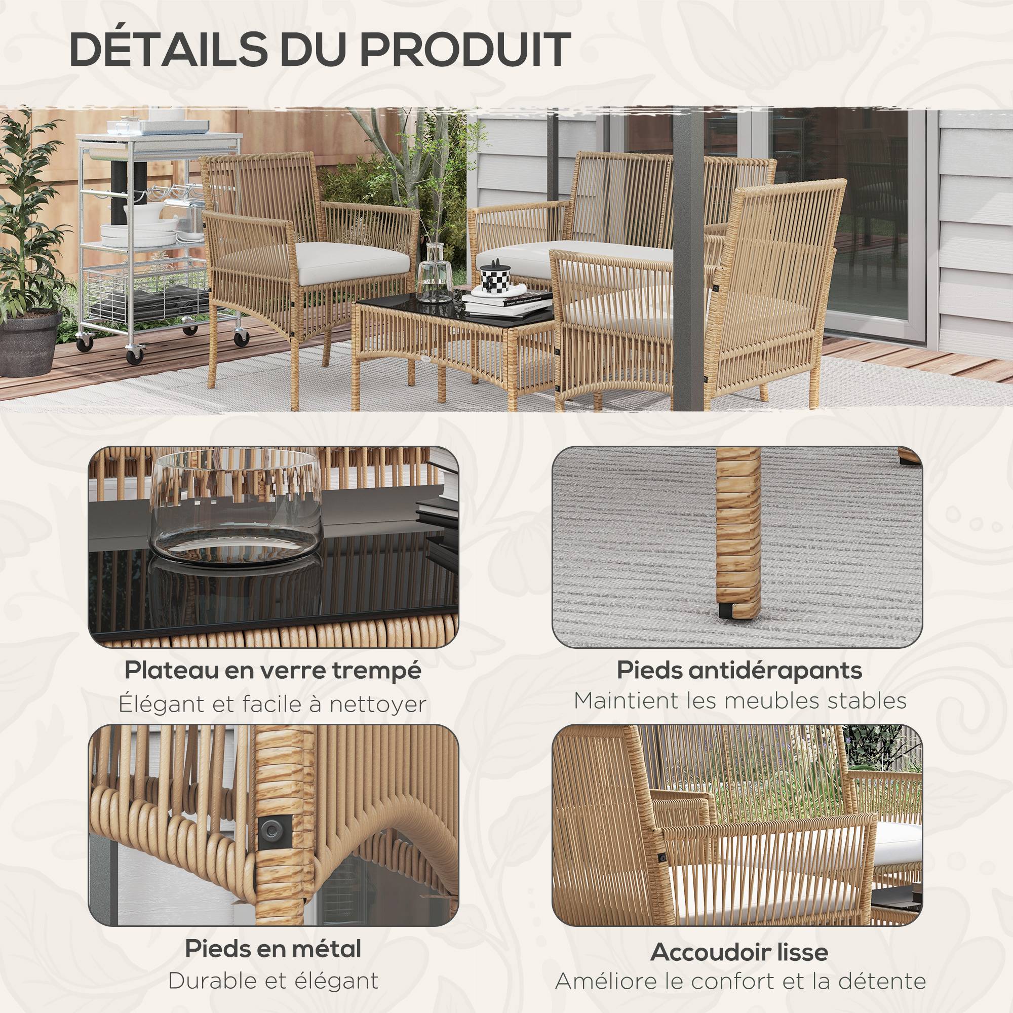 ComfortXL - Salon de jardin 4 places résine effet corde terrasse ensemble complet naturel - ComfortXL Outdoor Living - Image 8