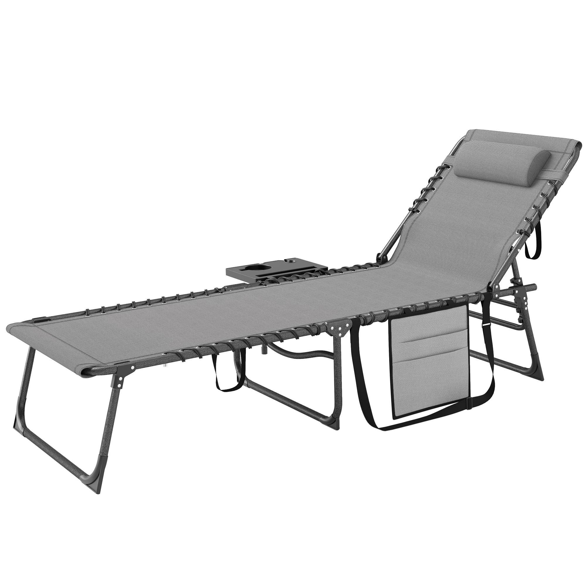 Chaise longue de jardin pliante et inclinable à 5 positions avec table d'appoint et poche, 60 x 190 x 31 cm, gris et noir - Image 2