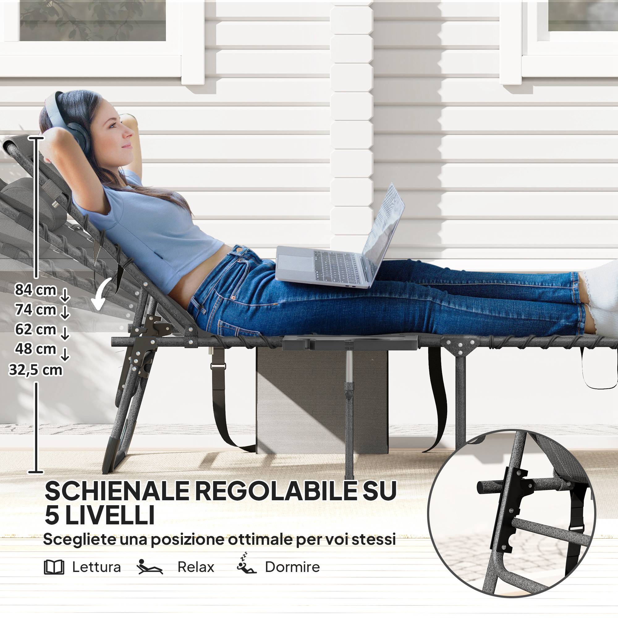 Chaise longue de jardin pliante et inclinable à 5 positions avec table d'appoint et poche, 60 x 190 x 31 cm, gris et noir - Image 6