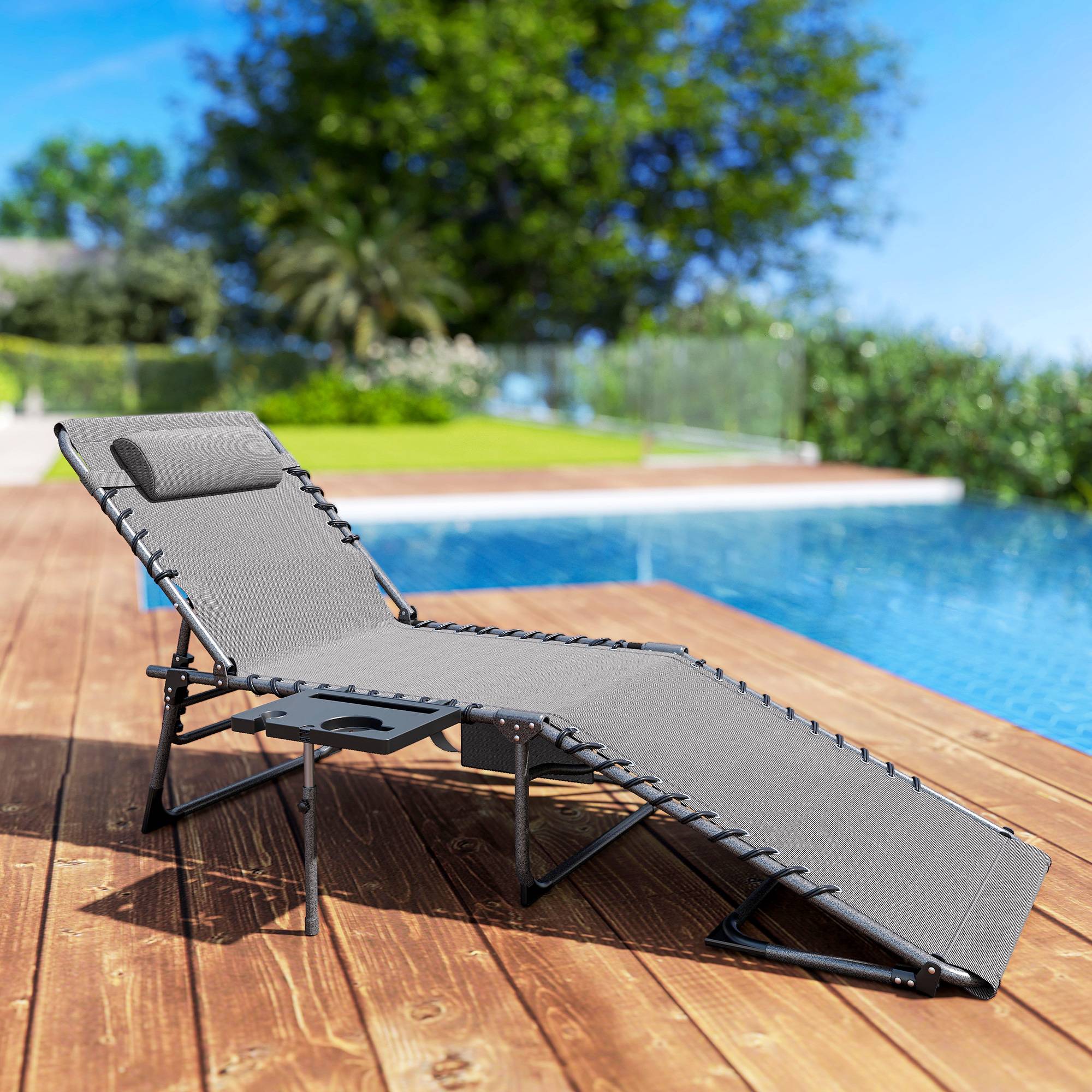 Chaise longue de jardin pliante et inclinable à 5 positions avec table d'appoint et poche, 60 x 190 x 31 cm, gris et noir - Image 4