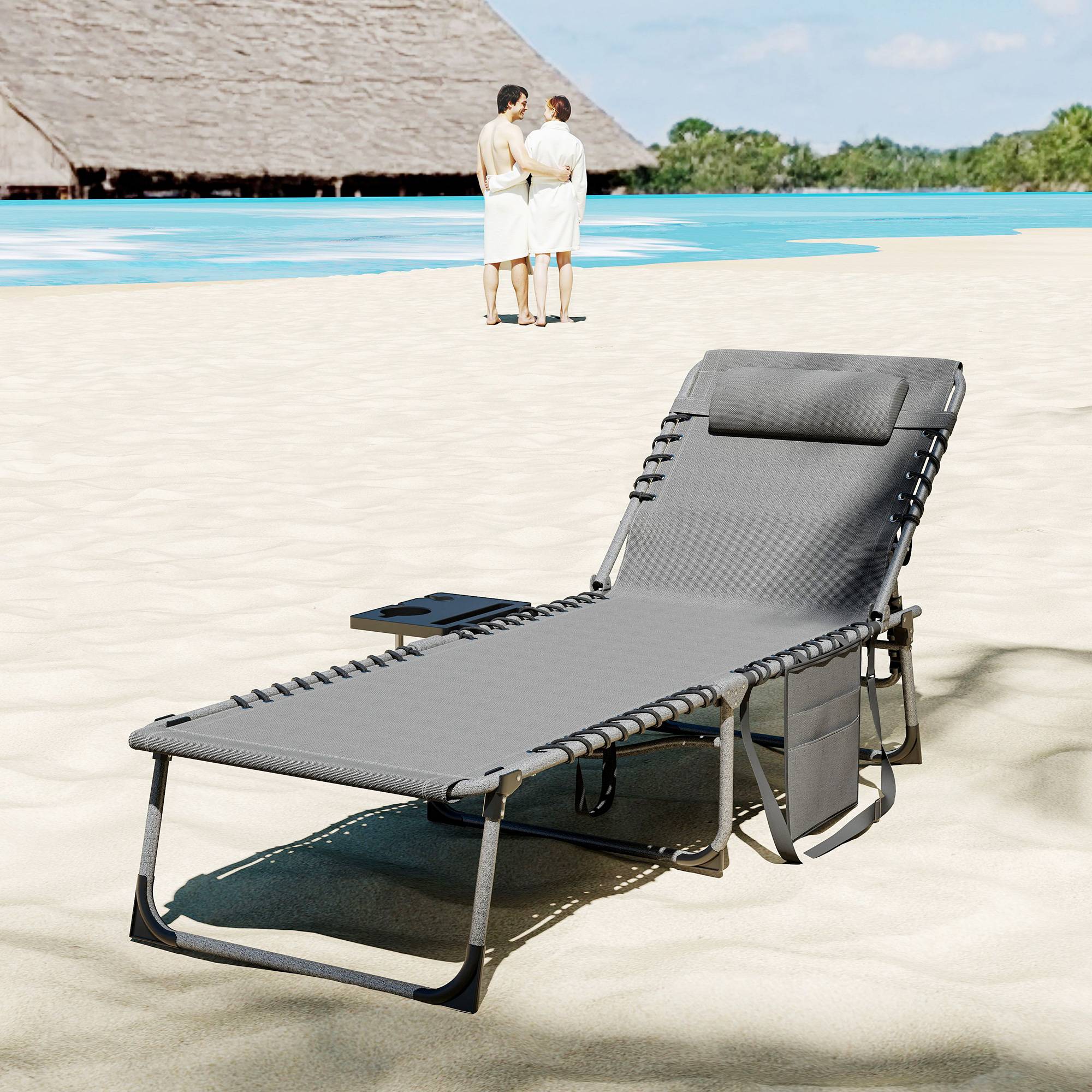Chaise longue de jardin pliante et inclinable à 5 positions avec table d'appoint et poche, 60 x 190 x 31 cm, gris et noir - Image 10