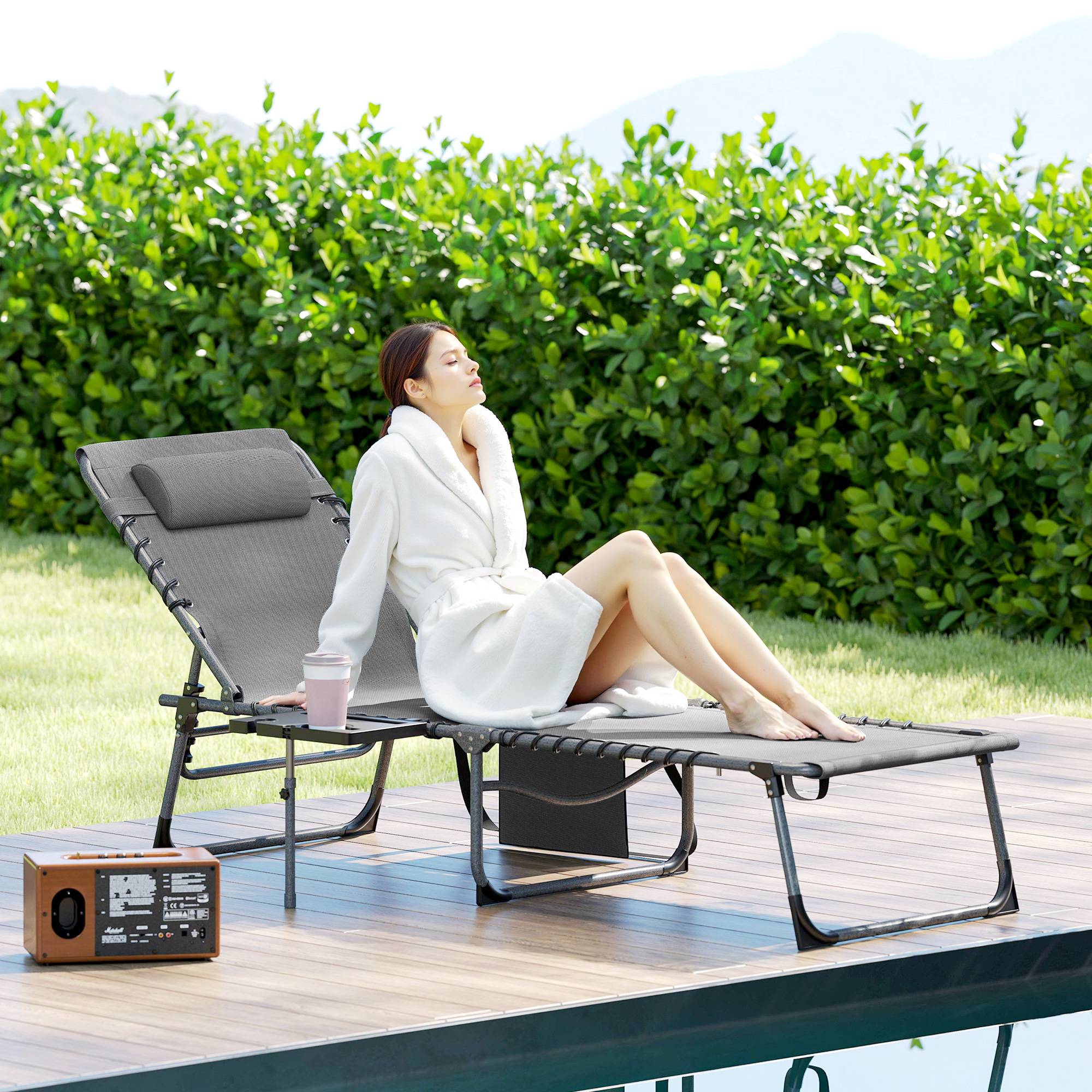 Chaise longue de jardin pliante et inclinable à 5 positions avec table d'appoint et poche, 60 x 190 x 31 cm, gris et noir - Image 3
