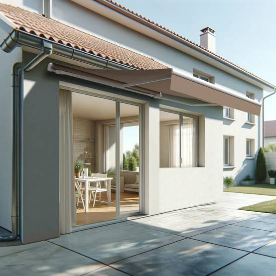 Store banne monobloc ESPAI 4,00x3,00m (Motorisé à interrupteur + manœuvre de secours - Taupe - Blanc) - Alia Productions - Imagen 1