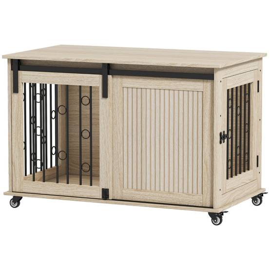 Cage pour Chien avec Portes Coulissantes et Roues, Bois et Acier, 100 x 56 x 65 cm, Chêne - PANGIVO - Image 1