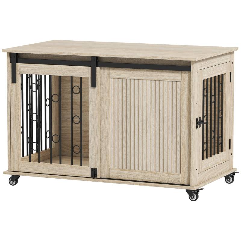 Cage pour Chien avec Portes Coulissantes et Roues, Bois et Acier, 100 x 56 x 65 cm, Chêne - PANGIVO