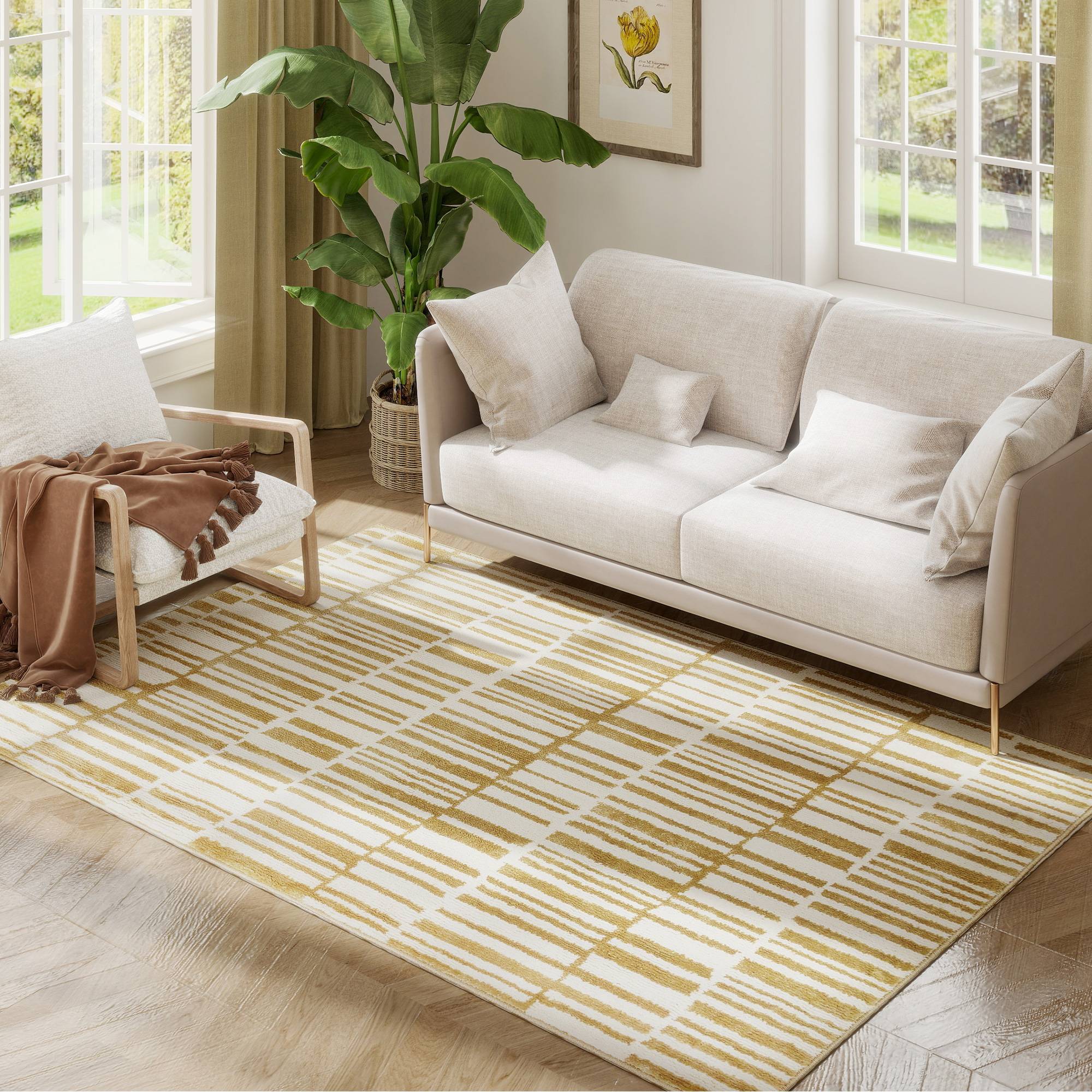 Sans Marque - Tapis salon 170x120 cm lavable machine poils courts style moderne crème salon chambre