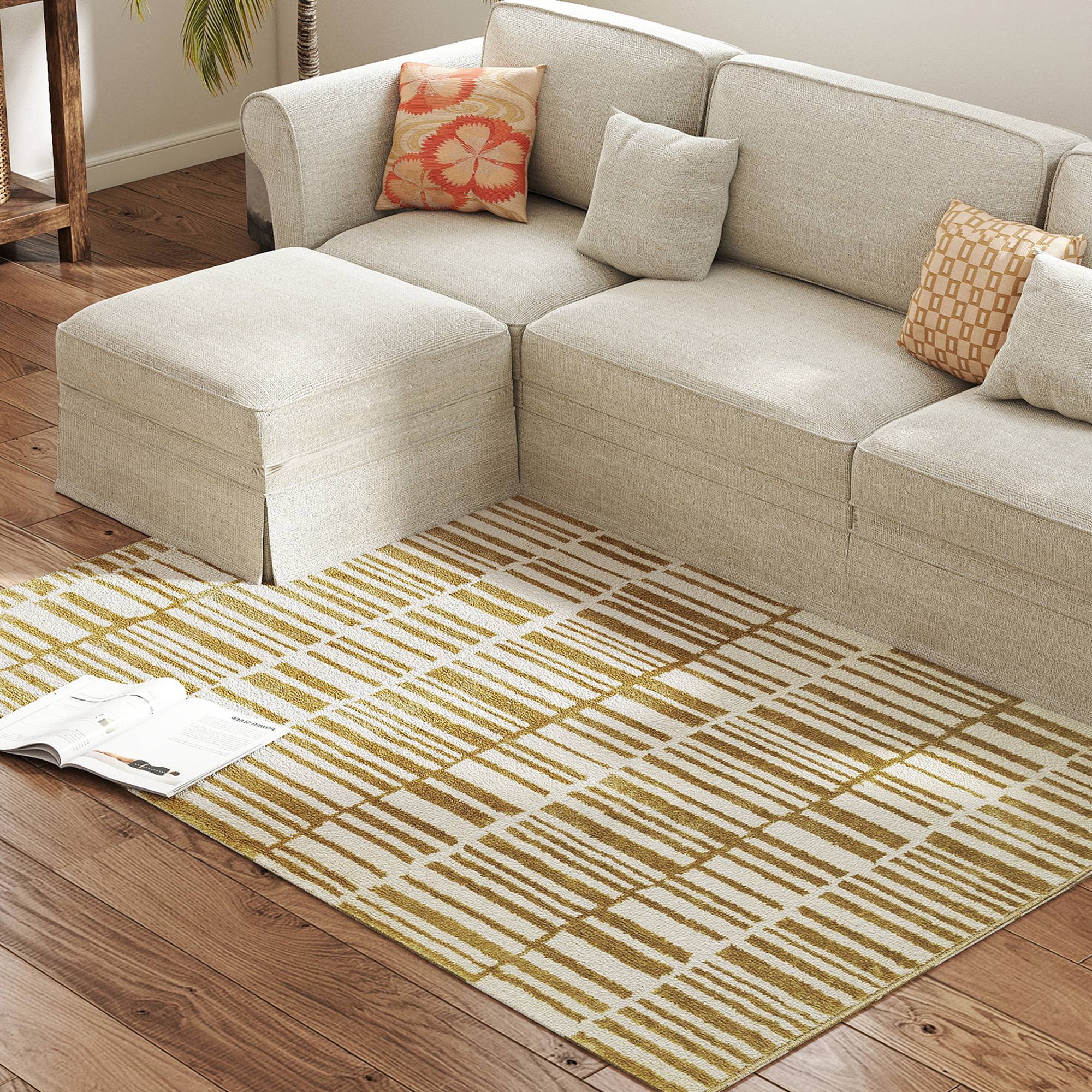 Sans Marque - Tapis salon 170x120 cm lavable machine poils courts style moderne crème salon chambre - Image 2