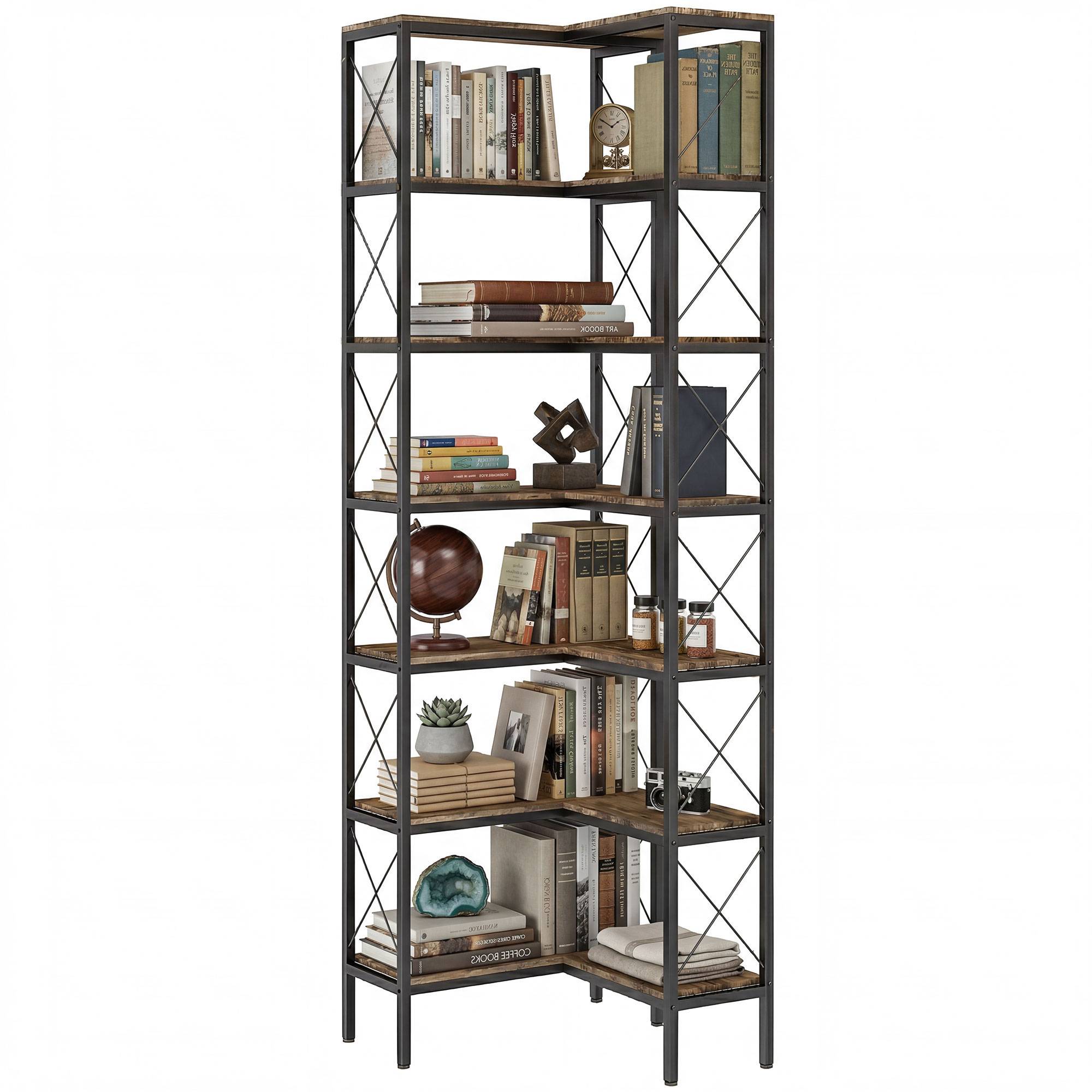 Bibliothèque d'angle en L à 6 niveaux, autoportante, avec structure métallique, brun rustique, 60 x 60 x 200 cm - Image 2